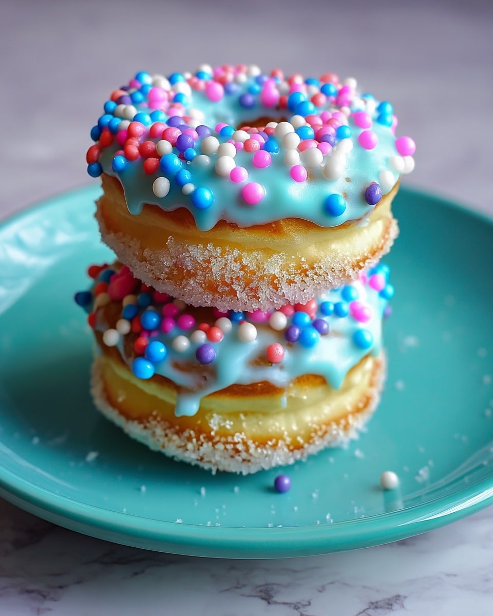 The image shows a stack of three donuts on a turquoise plate with a white marbled texture background. Each donut has two main layers: the bottom is a light golden-brown fried dough coated with a layer of granulated sugar, giving it a rough texture, and the top is a thick layer of smooth, pale blue icing. The blue icing is generously decorated with small round sprinkles in pink, white, purple, and blue colors, adding a playful and colorful look. The donuts are close together, with the top donut slightly lifted above the others. Photo taken with an iphone --ar 4:5 --v 7