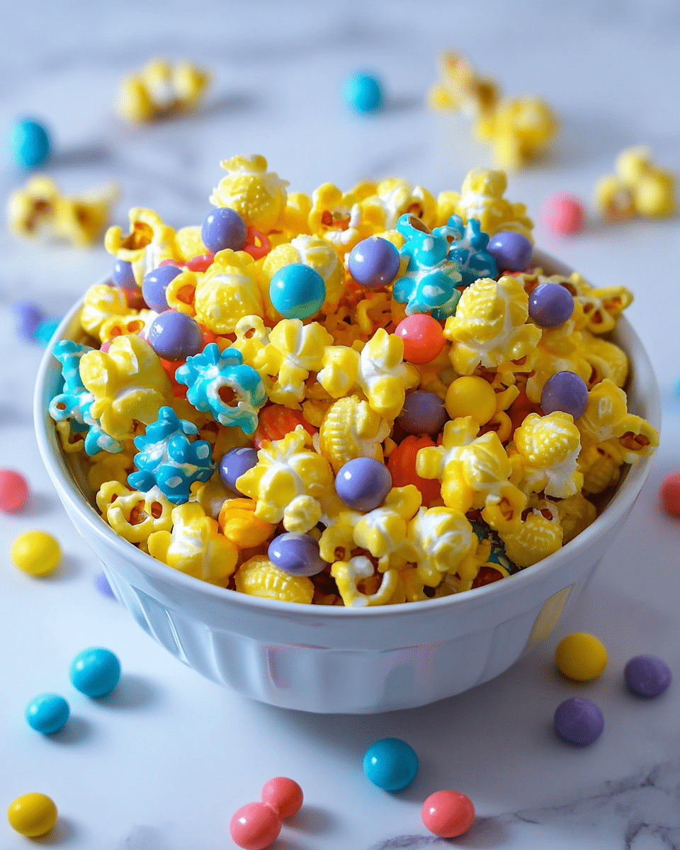 A white bowl filled with brightly colored popcorn and candy balls, the popcorn pieces are coated in yellow, blue, and orange with some shaped like small objects, mixed with smooth round candies in purple, yellow, and pink scattered throughout the bowl and some spilled around it on a white marbled surface, the textures show the popcorn's light, fluffy kernels contrasted by the shiny, glossy candies, the scene is close-up and brightly lit. photo taken with an iphone --ar 4:5 --v 7