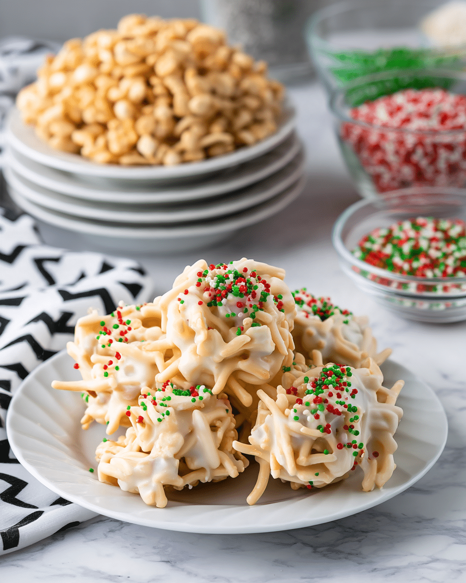 A white plate holds a pile of small cluster treats made of light beige chow mein noodles coated in creamy white chocolate. Each cluster is topped with tiny round sprinkles in red, green, and white, adding bright color to the smooth white chocolate surface. In the background, two stacked white plates hold more clusters, while clear glass bowls show extra chow mein noodles and festive sprinkles. The scene is set on a white marbled texture with a black and white patterned cloth partly visible. Photo taken with an iphone --ar 4:5 --v 7