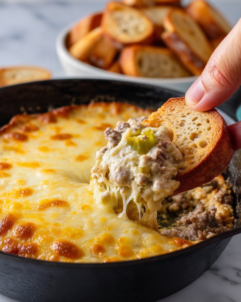 A close-up view of a black skillet filled with a creamy, chunky dip layered with melted, golden cheese on top. The top layer is smooth and slightly browned, showing a bubbly melted cheese texture. Below the cheese, a creamy mix of beige and light brown ground meat and bits of green pickles is visible. A woman's hand holds a toasted, golden-brown bread chip dipped into the thick, cheesy mixture, lifting it from the skillet. In the blurred background, more toasted bread chips sit in a white bowl on a white marbled surface. photo taken with an iphone --ar 4:5 --v 7