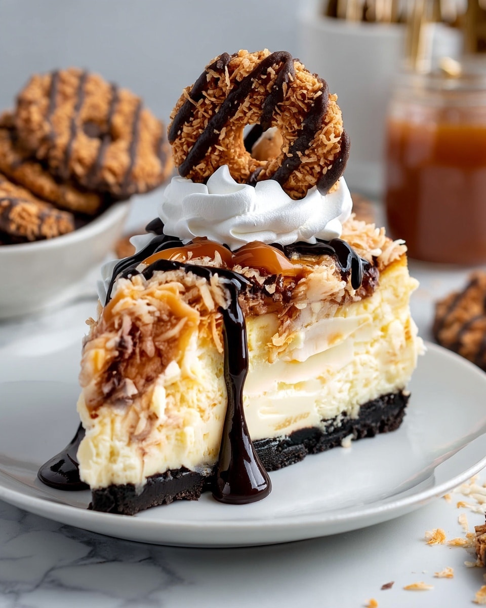 A slice of cheesecake with four clear layers rests on a white plate on a white marbled surface. The bottom layer is a dark brown, crumbly crust, the second and third layers are creamy light beige cheesecake with a smooth texture. The top layer consists of a caramel and golden shredded coconut mix drizzled with dark chocolate syrup. A white whipped cream swirl sits on top center, crowned by a round, golden toasted coconut cookie with a hole in the middle and dark chocolate drizzles. Additional cookies and a jar of caramel sauce are visible softly blurred in the background. Photo taken with an iphone --ar 4:5 --v 7