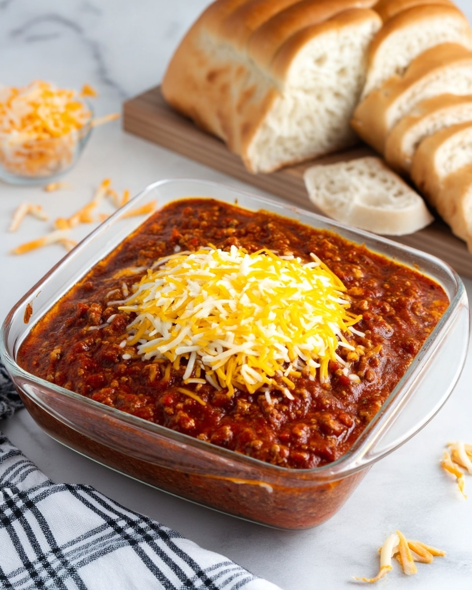 A square glass baking dish filled with a layered casserole. The bottom layer is a thick, chunky red-brown meat sauce with visible bits of tomato and spices. On top, there is a layer of melted yellow and white shredded cheese spread evenly, slightly bubbling at the edges. The dish sits on a smooth white marbled texture. In the background, there are pieces of sliced white bread and a whole loaf on a wooden board, with some scattered shredded cheese nearby. A black and white striped cloth is partially visible in the lower left corner. photo taken with an iphone --ar 4:5 --v 7