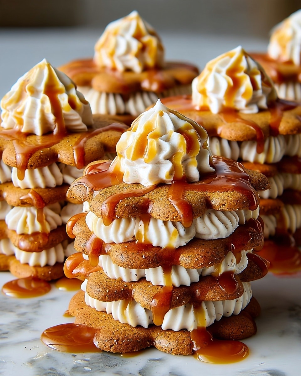 The image shows tall stacks of four layers of flower-shaped brown cookies, each separated by thick layers of light cream with soft ridges, creating a textured look. On top of each stack, there is a big dollop of the same cream, slightly drizzled with golden caramel sauce that also drips down over the cookie edges and pools on the white marbled surface around the bases. The cookies appear crunchy with a slightly rough texture, and the cream looks smooth and fluffy, with the caramel adding a glossy, sticky finish. Multiple stacks fill the frame closely, creating a rich and indulgent scene. Photo taken with an iphone --ar 4:5 --v 7