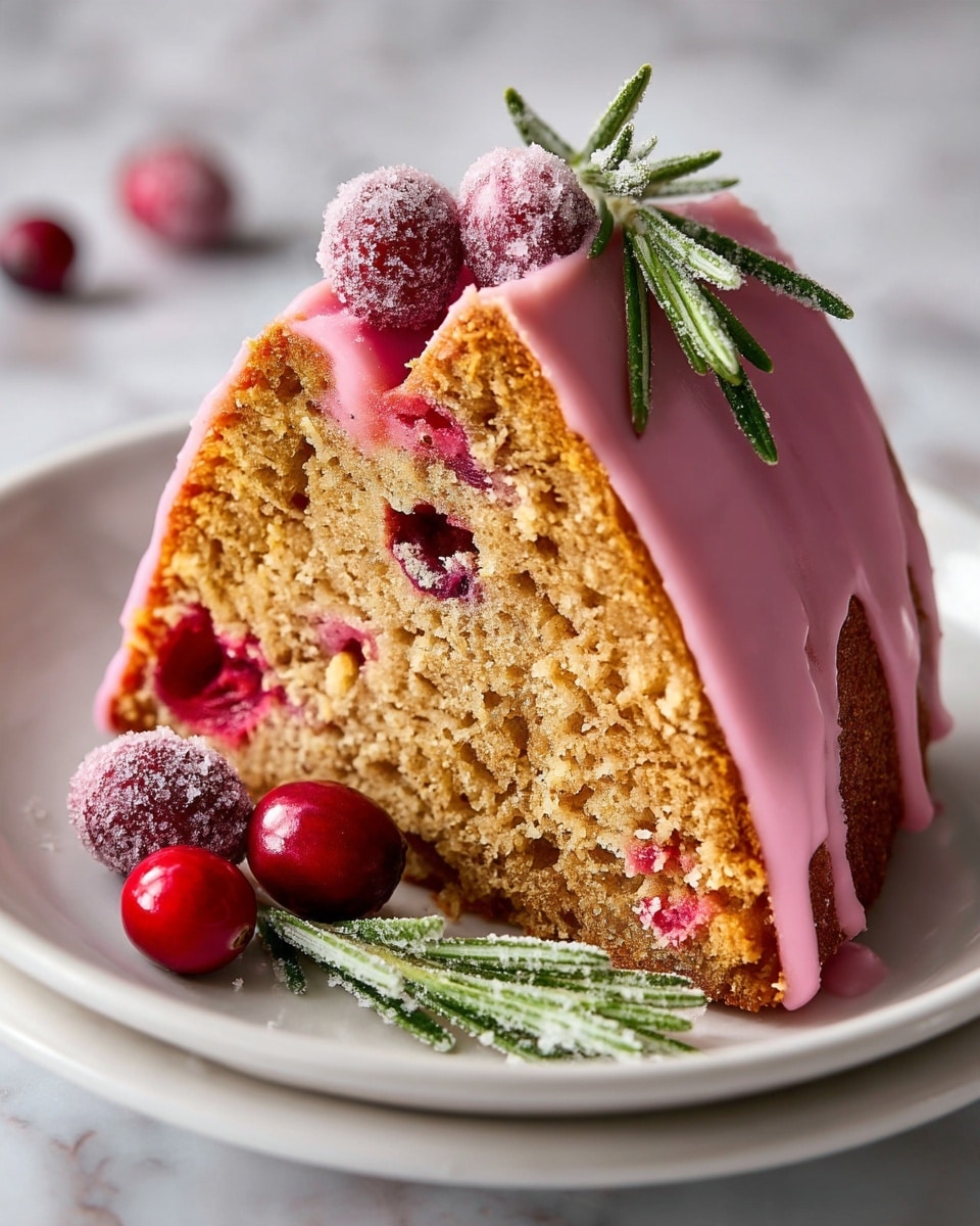 A single slice of brown cake with visible red berries inside sits on a white plate, covered on the top and sides with smooth pink icing that drapes slightly over the edges. The cake has a soft, crumbly texture with air holes and berry pockets scattered throughout. A sprig of rosemary with a light dusting of sugar rests next to the cake on the plate, along with two sugared cranberries on the plate’s rim and one loose red cranberry in the foreground. The plate is set on a white marbled surface, and the background is blurred with a soft neutral tone. photo taken with an iphone --ar 4:5 --v 7