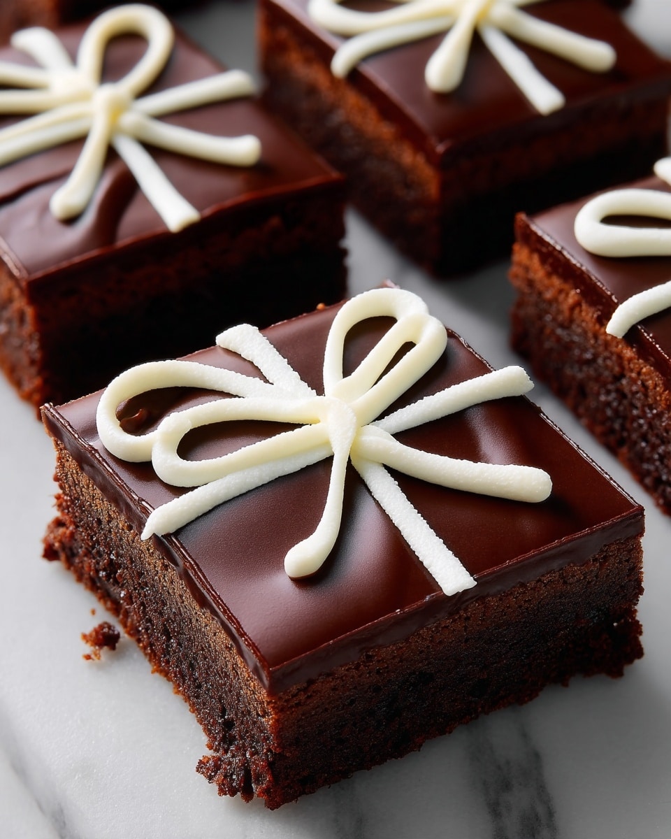 Several square brownies are shown on a white marbled surface, each with two dark brown layers of moist chocolate cake and a thick, shiny dark chocolate frosting on top. On the smooth frosting of each brownie, there is a white cream decoration shaped like a bow, made with thick lines that cross in the middle and form loops and tails that stretch to the edges. The brownies are arranged close to each other, some showing smooth edges while others have a few crumbs along the sides. photo taken with an iphone --ar 4:5 --v 7