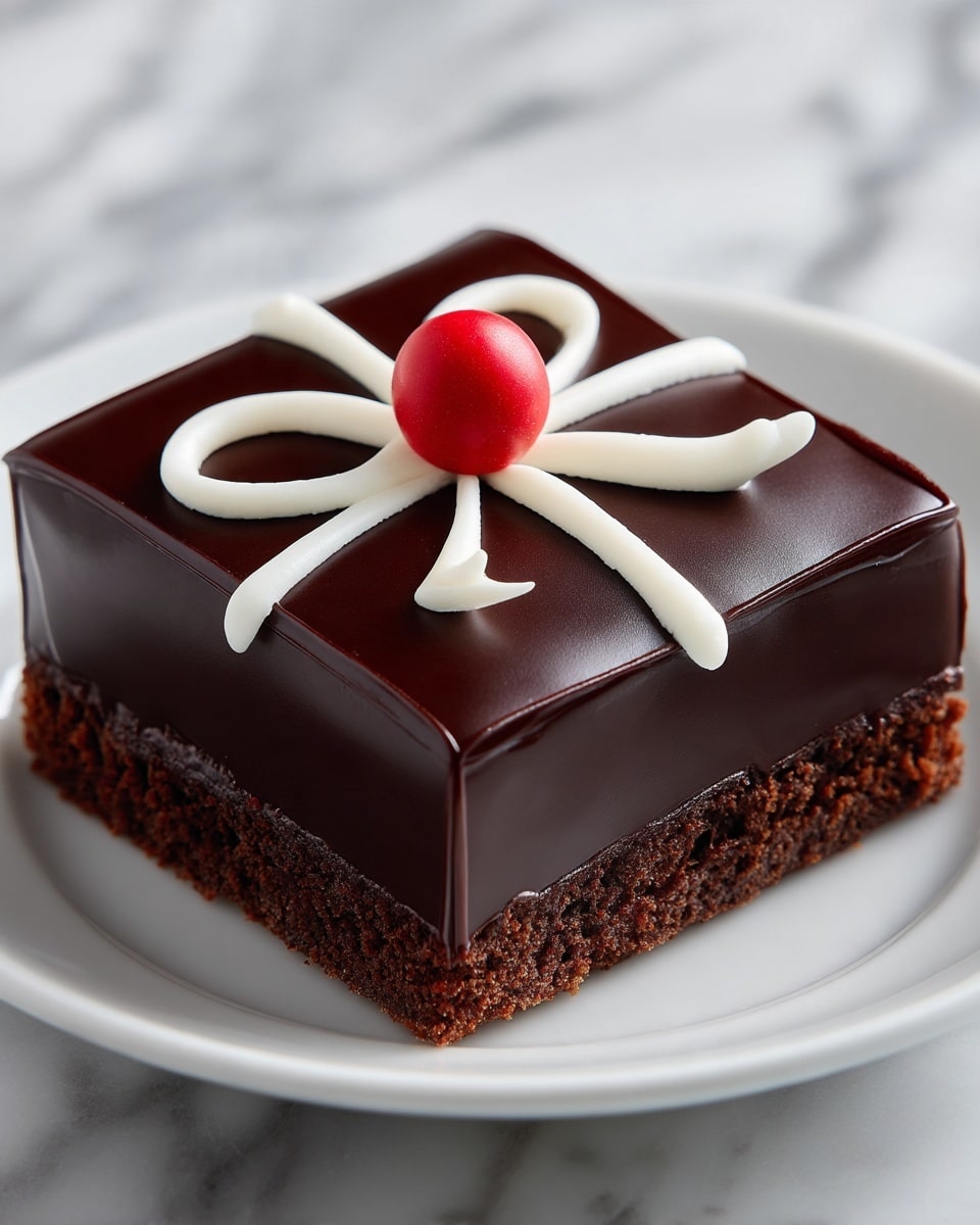 A single square piece of chocolate cake with a smooth, shiny dark brown ganache coating the top and sides. On the top, a white icing decoration is drawn to look like a gift bow with two loops and two ribbon ends crossing each other. In the center of the bow, there is a small, round, bright red candy. The edges of the cake show a slightly crumbly texture. The cake is placed on a white plate, set on a white marbled textured surface. photo taken with an iphone --ar 4:5 --v 7