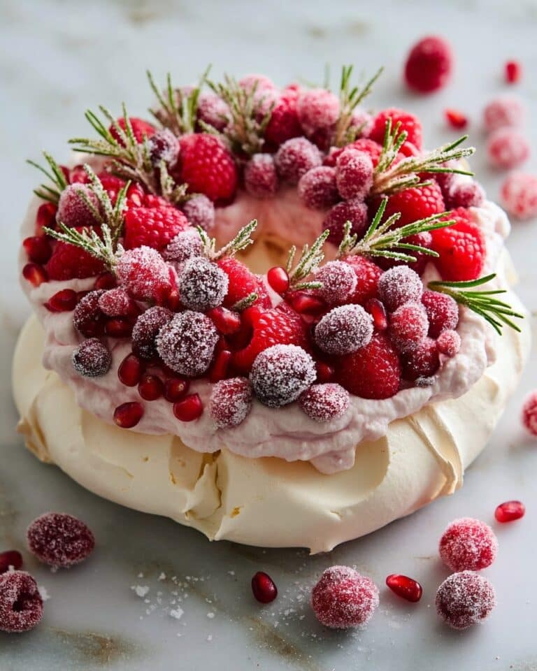 Christmas Wreath Pavlova with Cranberries, Raspberries, and Pomegranate Seeds Recipe