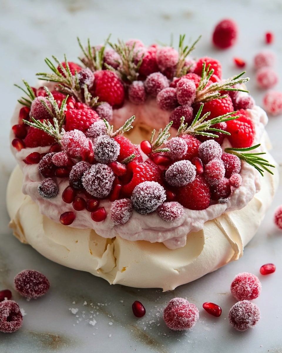 Christmas Wreath Pavlova with Cranberries, Raspberries, and Pomegranate Seeds Recipe