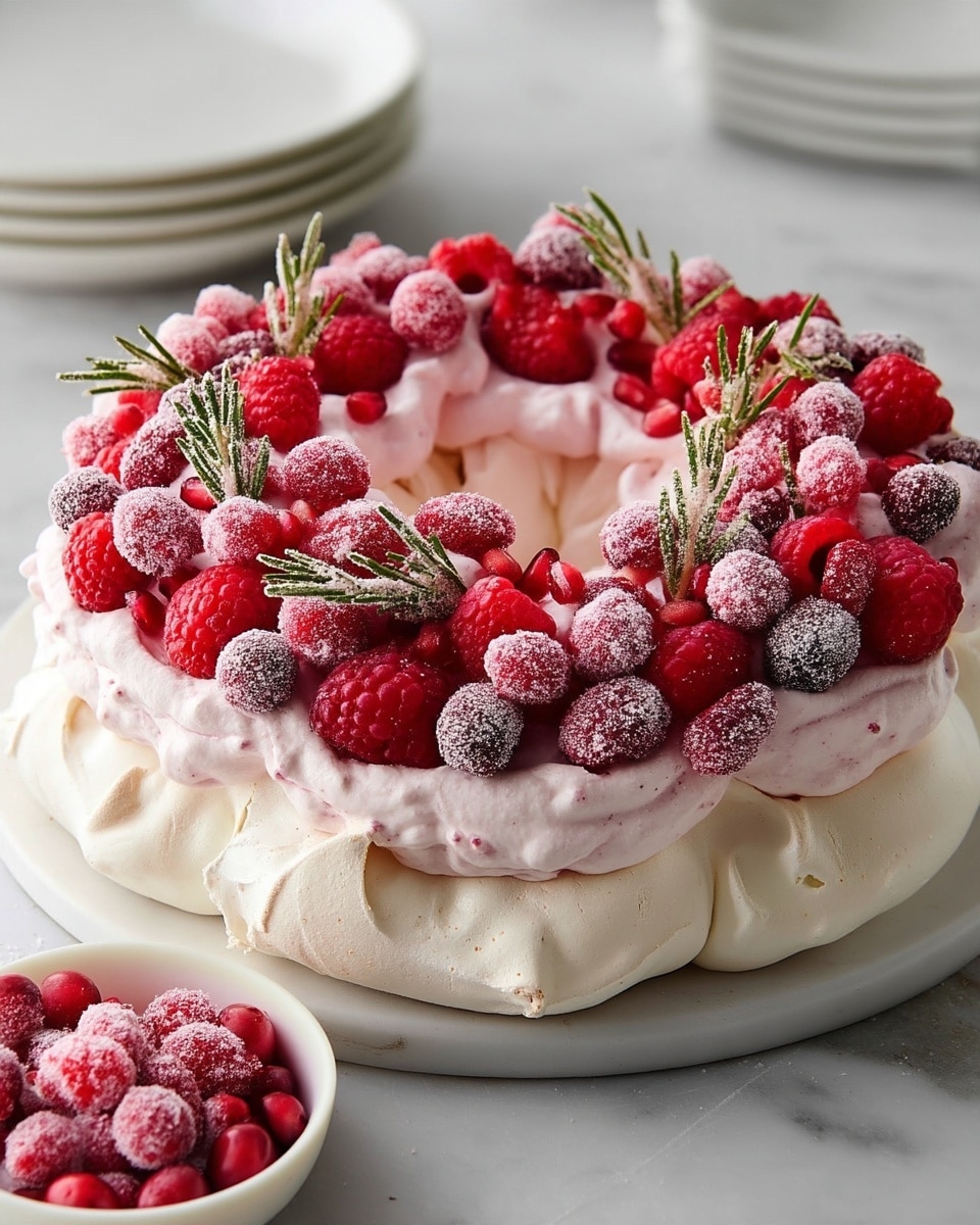 The image shows a round pavlova dessert shaped like a wreath with two main layers. The bottom layer is made of white, crisp meringue with a smooth but cracked texture, forming a ring with a hollow center. Above this is a thick layer of soft, pale pink whipped cream spread evenly around the ring. On top of the whipped cream is a dense decoration of bright red raspberries, frosted cranberries with a sugary coating, and scattered ruby-red pomegranate seeds. Small, green sprigs of rosemary are placed intermittently for a fresh, natural touch. The dessert sits on a white marbled surface, with a white plate of sugared cranberries to the side and stacked white plates in the background. photo taken with an iphone --ar 4:5 --v 7