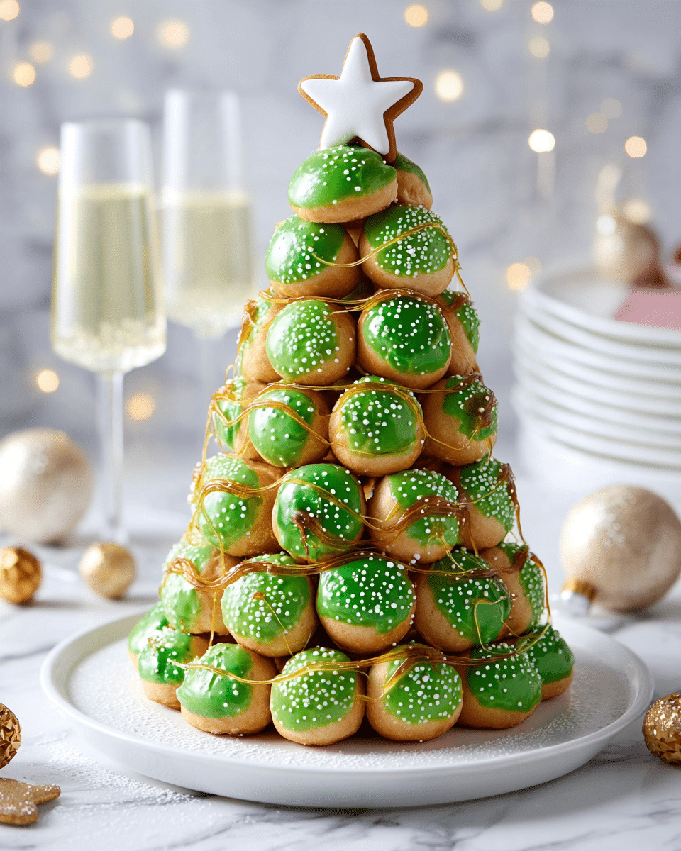 A tall cone-shaped tower made of many small round pastries covered in bright green icing is stacked in layers on a large white plate. Each green pastry is sprinkled with tiny white dots and is wrapped loosely in strands of shiny golden caramel. The top of the tower is decorated with a white star-shaped cookie, standing upright. The background is a white marbled texture with soft light creating gentle bokeh effects, and there are two clear champagne glasses on each side along with some Christmas ornaments and a stack of white plates on the right side. Photo taken with an iphone --ar 4:5 --v 7