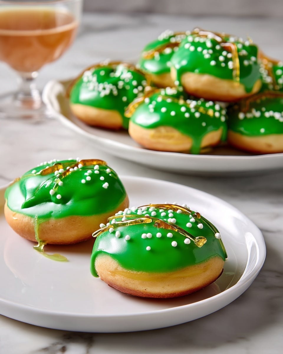 The image shows several small round pastries with a light golden-brown base topped with a thick layer of shiny green icing. Each pastry is decorated with white round sprinkles on the green surface. Thin strands of golden caramelized sugar are artfully draped over the top, adding texture and shine. Two pastries sit on a white plate in the front, clearly displaying their smooth and glossy green icing that slightly drips down the sides. In the background, a pile of the same pastries is stacked on a larger white plate. The scene is set on a white marbled surface with a glass stem partially visible on the left side. photo taken with an iphone --ar 4:5 --v 7