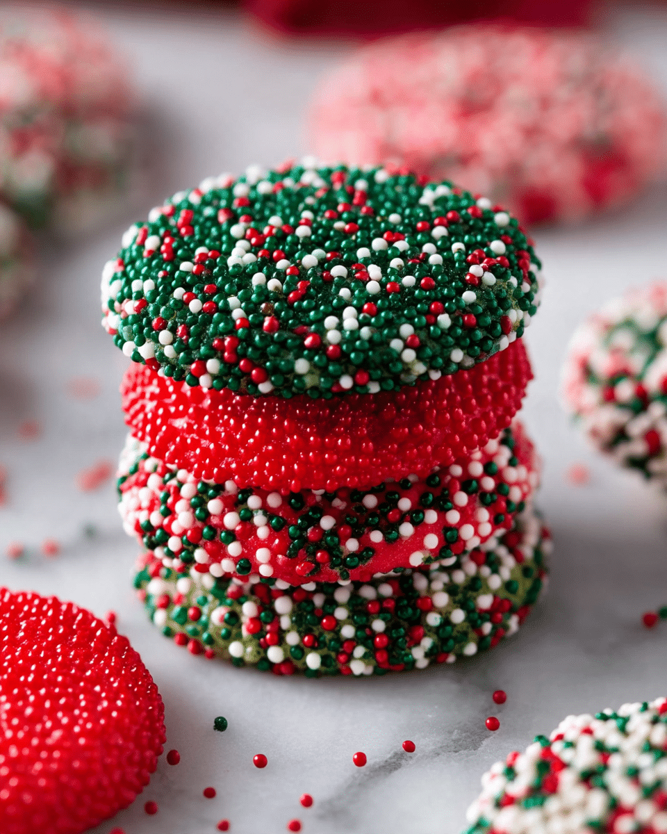 A close-up view of a stack of five round cookies on a white marbled surface, each cookie covered in tiny round sprinkles. The top cookie is dark green with red, white, and green sprinkles, followed by a vibrant red cookie fully covered with small red sprinkles. Below it are two more cookies similar to the top one, dark green with red, white, and green sprinkles, and the bottom cookie is primarily red with the same tri-colored sprinkles. Around the stack, there are more cookies with similar sprinkle patterns scattered on the surface. The background is softly blurred with hints of red color. Photo taken with an iphone --ar 4:5 --v 7