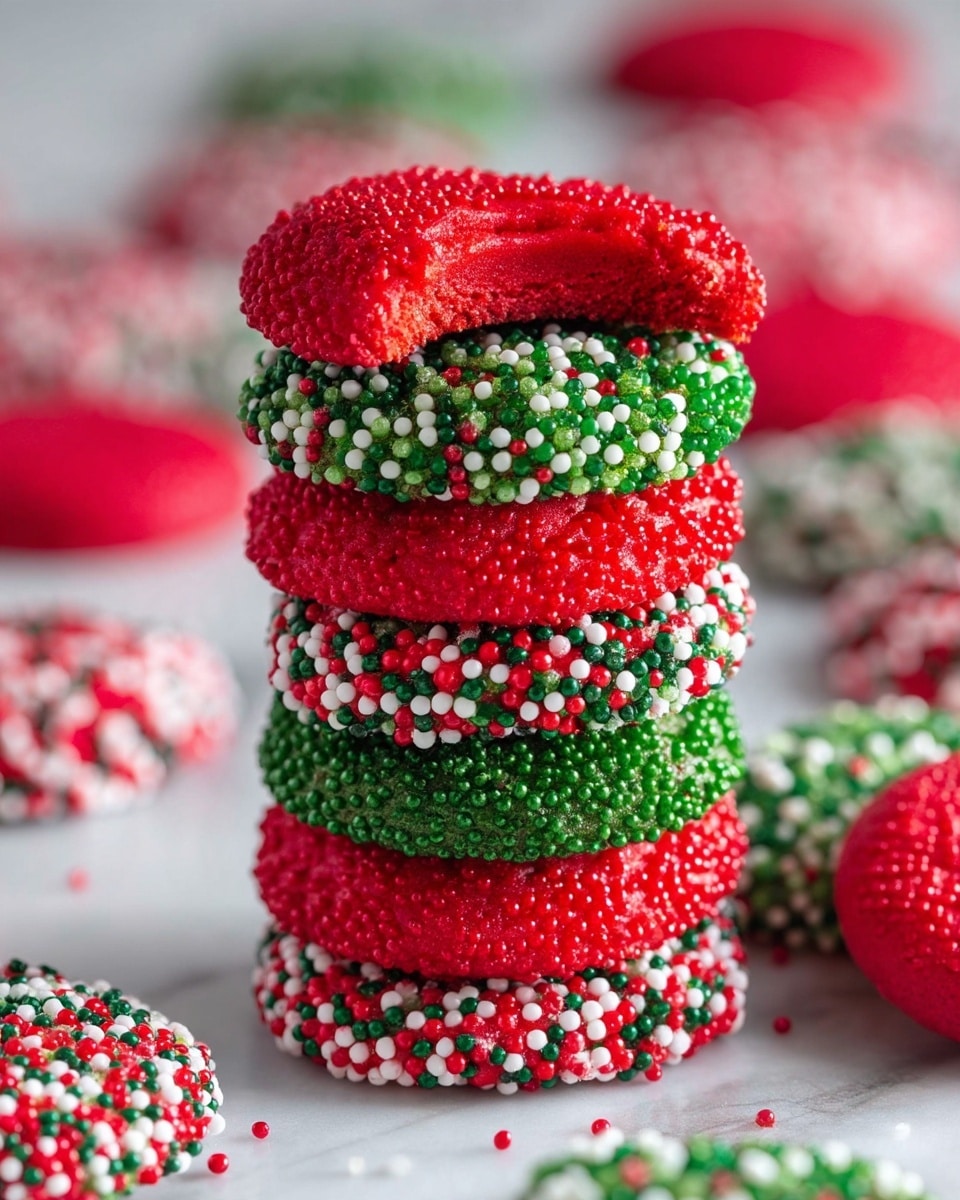 A tall stack of six round cookies stands at the center on a white marbled surface, alternating between bright red cookies covered in tiny red sugar beads and green cookies coated with small red, white, and green round sprinkles, creating a festive look. The top red cookie has a bite taken out of it, showing a soft, crumbly red interior. Around the stack, more cookies with the same red and green sprinkle patterns are spread randomly. The blurred background features similar bright red decorations, adding to the holiday feel. photo taken with an iphone --ar 4:5 --v 7