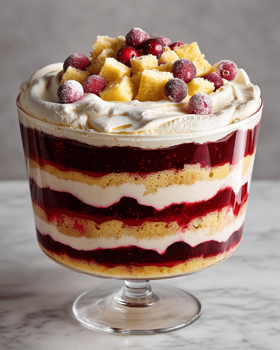 A tall clear glass bowl holds a dessert with many layers, starting from the bottom with a light beige fluffy cake layer, followed by a thick dark red berry jelly layer, then a white creamy layer, repeating these three layers four times. The top layer is a thick white creamy swirl with loose light yellow cake cubes and bright red sugared cranberries scattered on top. The bowl is set on a white marbled surface. photo taken with an iphone --ar 4:5 --v 7