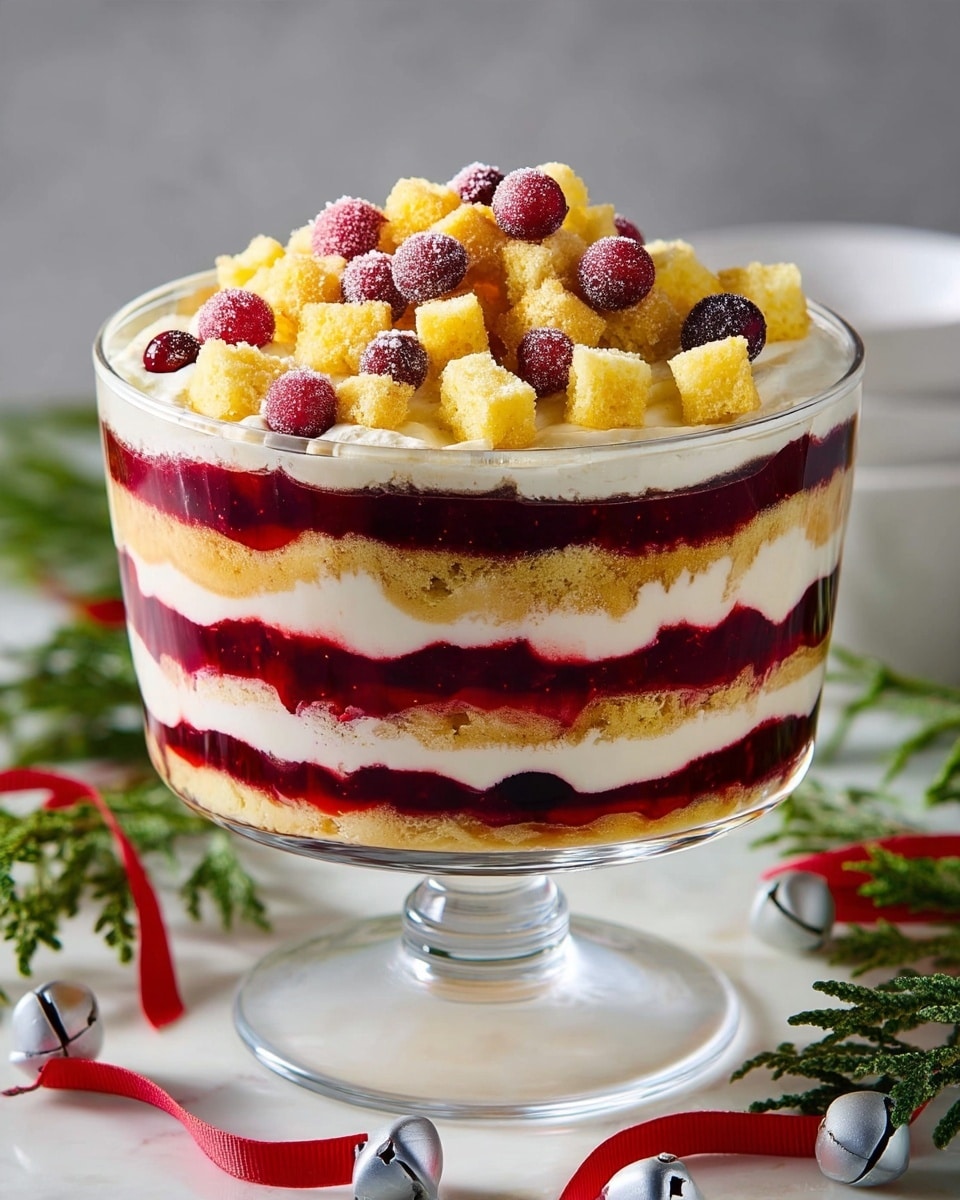 A clear glass dessert bowl holds a layered trifle with seven visible layers alternating between thick white cream, light brown cake crumbs, and dark red berry jelly. The layers create a striped effect around the bowl. On top, a thick layer of white cream is crowned with yellow cake cubes and whole red berries with a frosty look. The bowl stands on a clear glass pedestal, placed on a white marbled surface with green pine sprigs and silver bells with red ribbons nearby, and a white bowl partly visible to the side. photo taken with an iphone --ar 4:5 --v 7