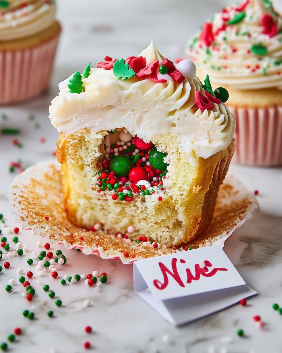 A close-up view of a cupcake cut in half, showing three main layers: the base layer is a soft, light yellow cake with a moist texture; the middle layer is hollow and filled with festive red, green, and white round and shaped sprinkles spilling out; the top layer is thick, creamy, off-white frosting with small ridges and decorated with red and green holiday-themed sprinkles. The cupcake sits on a white marbled surface with more colorful sprinkles scattered around, next to a small folded card with the word 