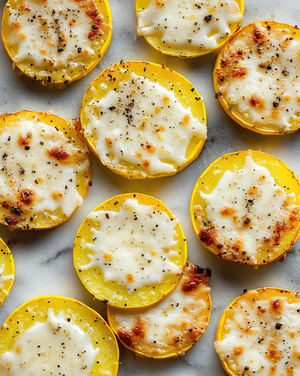The image shows many slices of yellow squash arranged close together on a white marbled surface. Each slice has one layer, with the base being bright yellow squash rings topped with melted white cheese that has a slightly browned, bubbly texture. The melted cheese covers most of each yellow slice, sprinkled evenly with small black pepper flakes that add a speckled contrast to the smooth cheese layer. The overall look is warm, grilled, and appetizing, with the slices overlapping slightly in a casual, natural pattern. photo taken with an iphone --ar 4:5 --v 7