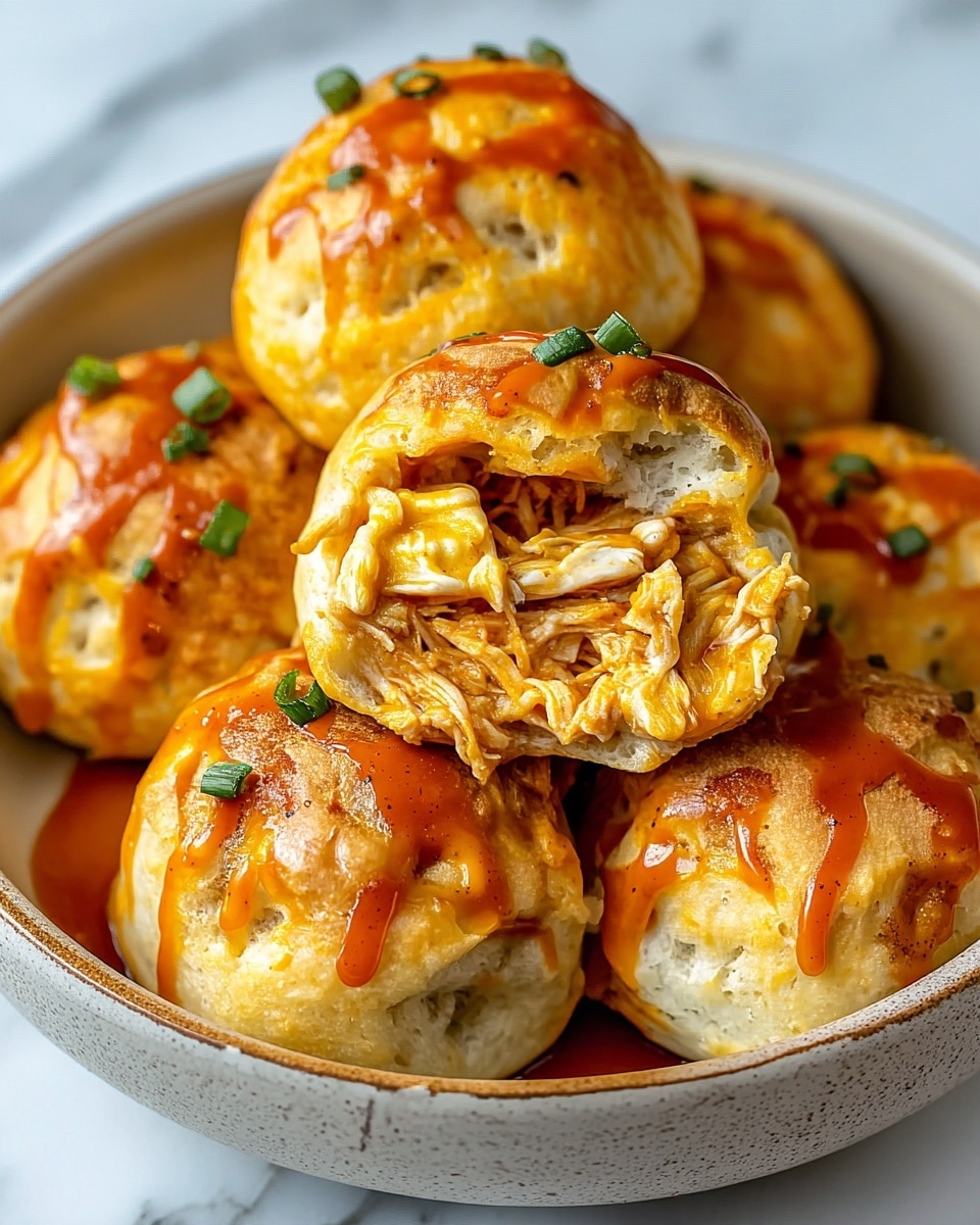 A group of golden brown bread buns with a slightly crispy and flaky texture sit close together on a dark surface. Each bun is topped with a drizzle of bright orange sauce and a thin line of white sauce, sprinkled with small green chopped scallions. One bun in the front is broken open to reveal juicy shredded orange chicken inside, showing a moist and tender filling contrasting with the fluffy inside of the bread. The background shows more buns and a white cup with reddish sauce just out of focus, all set against a white marbled texture. photo taken with an iphone --ar 4:5 --v 7