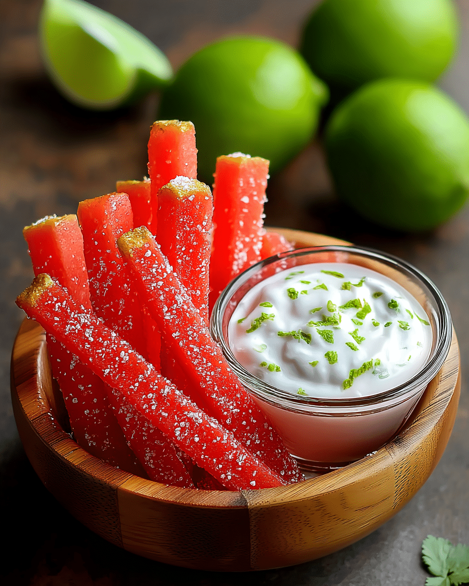 The image shows a wooden bowl filled with long, thin, bright red sticks that look like watermelon fries sprinkled with white salt crystals. The sticks have a light yellow-green edge on one side, suggesting the rind is left on. Beside the red sticks inside the bowl is a small clear glass bowl filled with white creamy dip, topped with small green bits, likely lime zest or herbs. The bowl sits on a dark surface with blurry green lime halves in the background. photo taken with an iphone --ar 4:5 --v 7