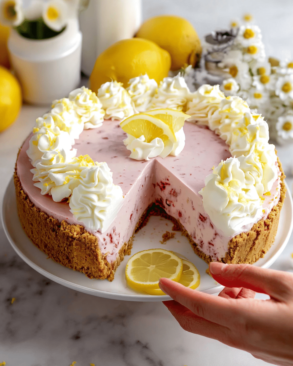 A slice of creamy pink mousse-like pie sits on a white plate with a crumbly brown crust at the bottom. Inside the pink layer, there is a visible layer of red fruit pieces near the crust, and a thicker light cream layer is under the pink layer. On top, there are three big white dollops of whipped cream with thin yellow lemon zest sprinkled over them. Around the plate, there are two yellow lemon slices on the left and a whole red strawberry along with a lemon in the blurry background. The image is placed on a white marbled surface. photo taken with an iphone --ar 4:5 --v 7