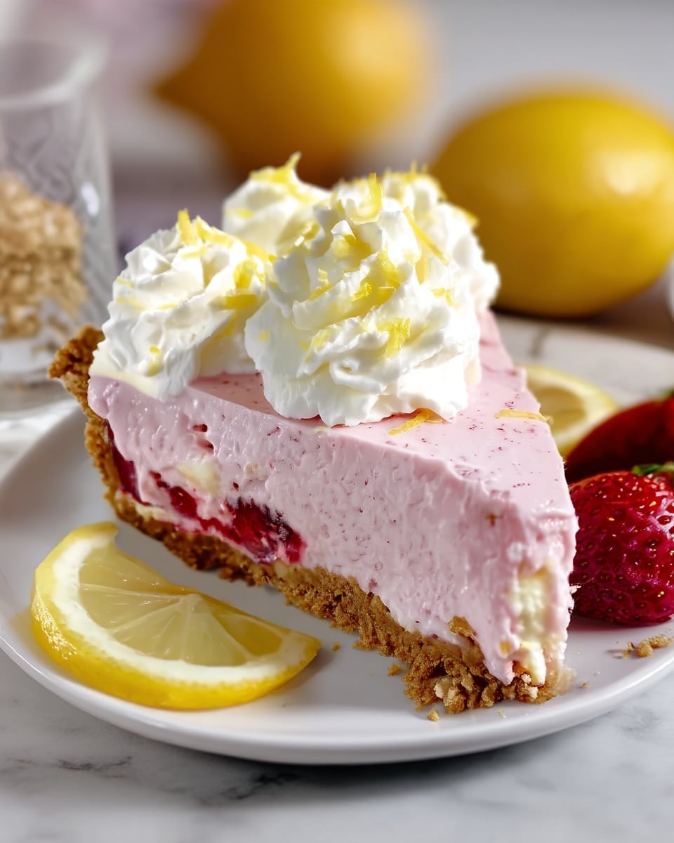 A smooth and creamy pink cheesecake with visible red pieces mixed inside sits on a white plate. It has a thick, crumbly brown crust around the edges. The top is decorated with evenly spaced white whipped cream dollops, each sprinkled lightly with yellow lemon zest. Two lemon slices rest on whipped cream swirls in the center, and two more lemon slices lie on the white marbled surface near the plate, beside the missing cake slice. A woman's hand can be seen gently holding the plate from the edge. The overall scene is bright with yellow lemons and white flowers blurred in the background. Photo taken with an iphone --ar 4:5 --v 7