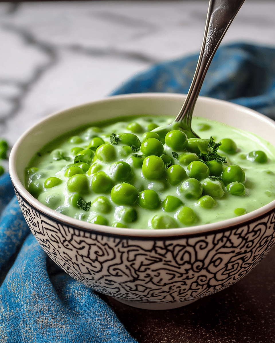 A close-up of a creamy green pea soup in a white bowl with a decorative brown rim, filled with bright green whole peas in a smooth pale green thick base, topped with small pieces of dark green herbs scattered on top, a silver spoon resting inside the bowl scooping some soup, all placed on a white marbled surface. photo taken with an iphone --ar 4:5 --v 7