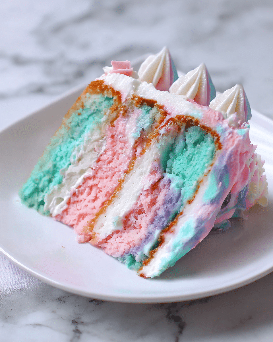 A slice of colorful cake with four visible layers sits on a white plate. The layers alternate between light blue and soft pink sponge cake, separated by thin layers of white creamy frosting. The outside of the cake is coated with swirls of pastel pink, blue, and purple frosting, creating a smooth, fluffy texture. The top edge of the cake has small decorative peaks of white frosting, adding light texture. The plate rests on a white marbled surface. photo taken with an iphone --ar 4:5 --v 7