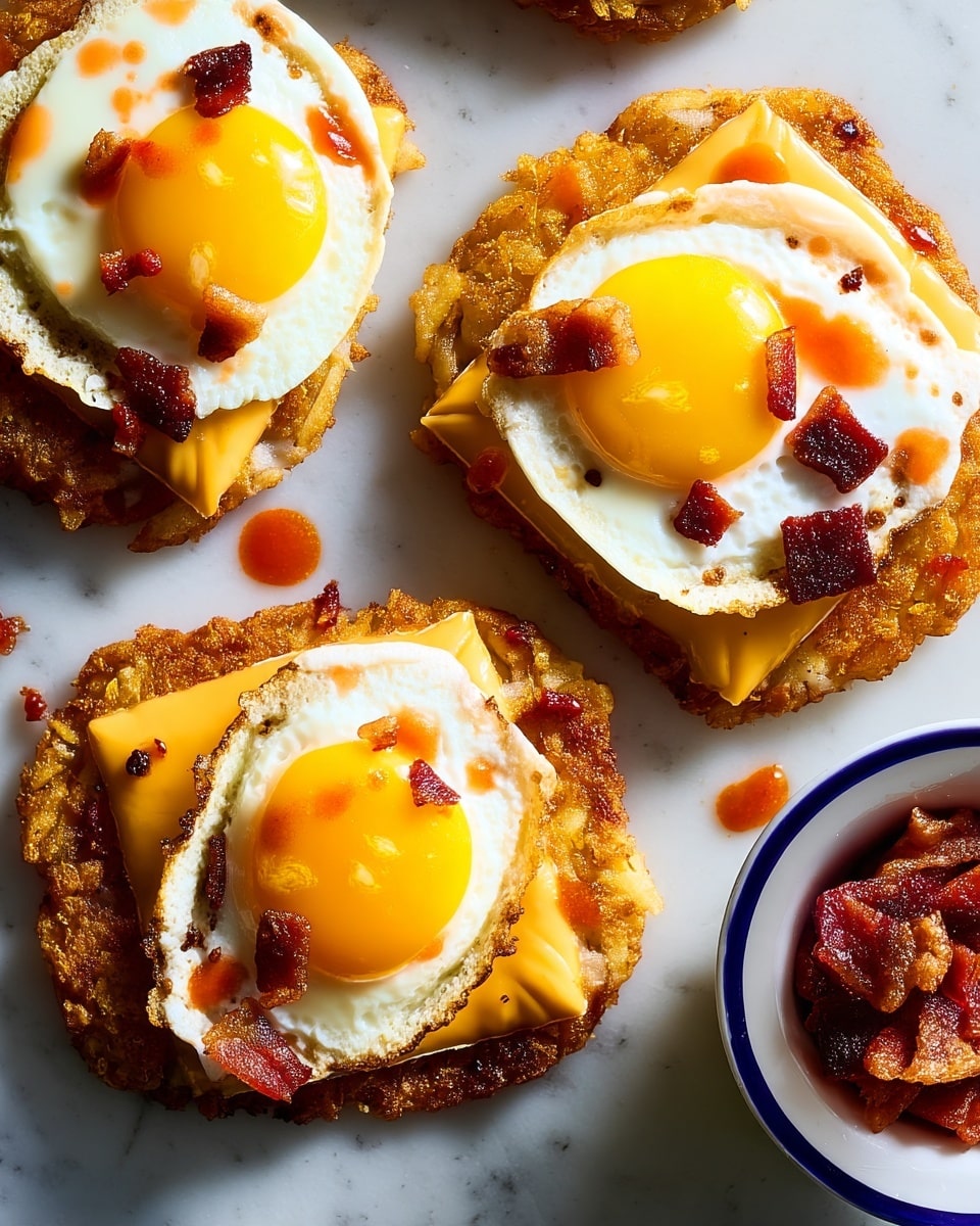 Several servings of a breakfast dish show three layers each: the bottom layer is a golden-brown crispy hash brown with a textured surface, the middle layer is a slice of melted orange cheddar cheese, and the top layer is a sunny-side-up egg with a bright yellow yolk and a white edge that is slightly crispy. Small pieces of cooked bacon, dark red and crispy, are sprinkled across the eggs and the white marbled surface beneath. Drops of reddish-orange hot sauce add contrast and a slight shine over the eggs and bacon. A part of a white bowl with a blue rim holding extra bacon pieces is visible on the right side. Photo taken with an iphone --ar 4:5 --v 7