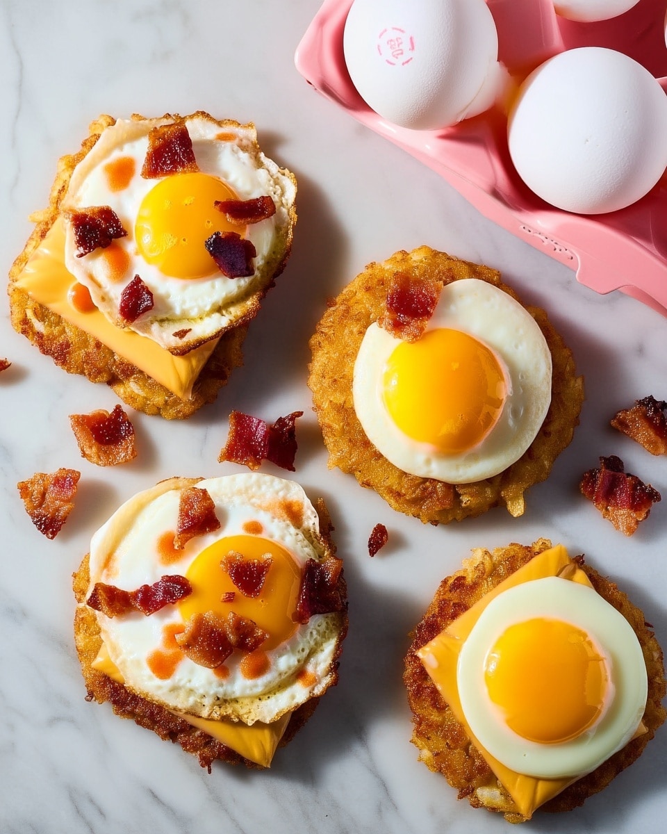 The image shows four servings of a breakfast dish on a white marbled surface. Each serving has three layers: the bottom layer is a golden-brown, crispy hash brown patty, followed by a slice of bright orange melted cheese in the middle, and topped with a sunny-side-up egg with a bright yellow yolk and white edges. Small pieces of crispy bacon are scattered on top of the eggs and around the servings. To the top right, there is a pink carton holding three white eggs. Photo taken with an iphone --ar 4:5 --v 7