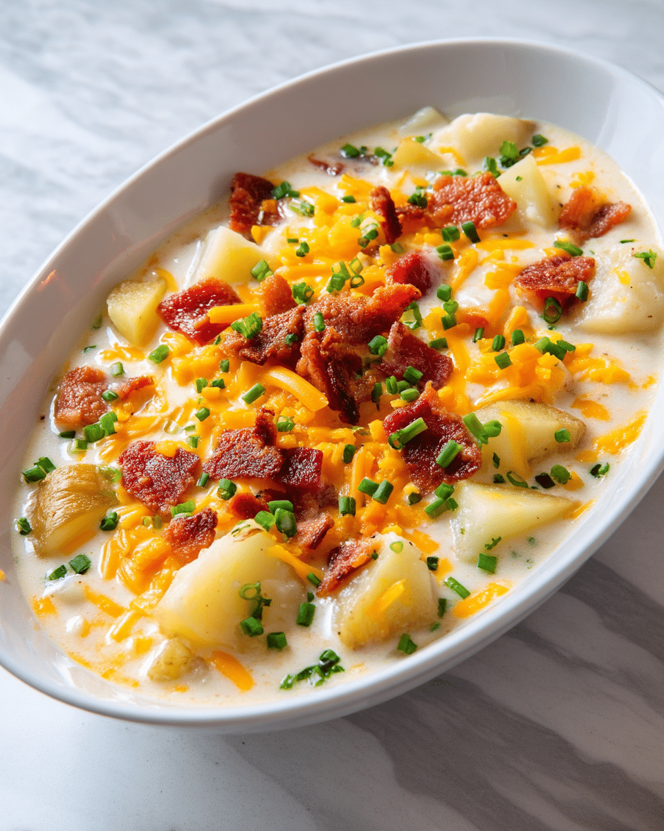 A white oval bowl filled with creamy potato soup showing three main layers inside: large chunks of pale yellow potatoes, bright orange shredded cheddar cheese scattered evenly, and crispy red-brown bacon pieces spread on top. Small green chopped onions are sprinkled all over the surface, adding a fresh color contrast. The bowl sits on a white marbled texture surface, with a softly lit background. Photo taken with an iphone --ar 4:5 --v 7
