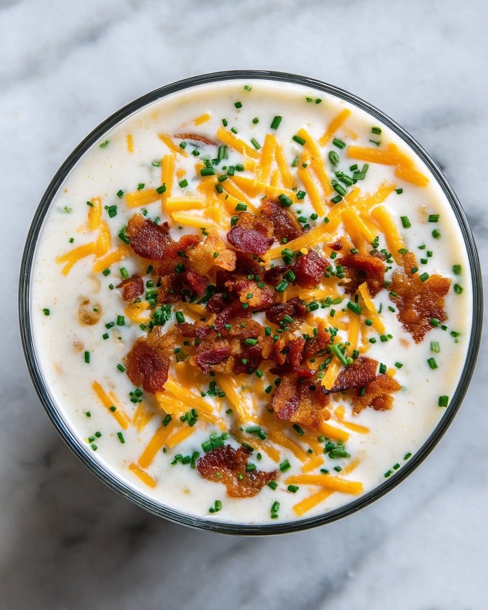 A close-up top view of a creamy white soup inside a clear round glass bowl with a thin dark rim, sitting on a white marbled texture surface. The soup has a smooth, thick white base layer and is topped with crispy golden-brown bacon pieces scattered unevenly over the surface. Shredded orange cheddar cheese is sprinkled on top, with small green chives spread evenly for color contrast. The ingredients create a textured and colorful surface over the creamy white soup. photo taken with an iphone --ar 4:5 --v 7