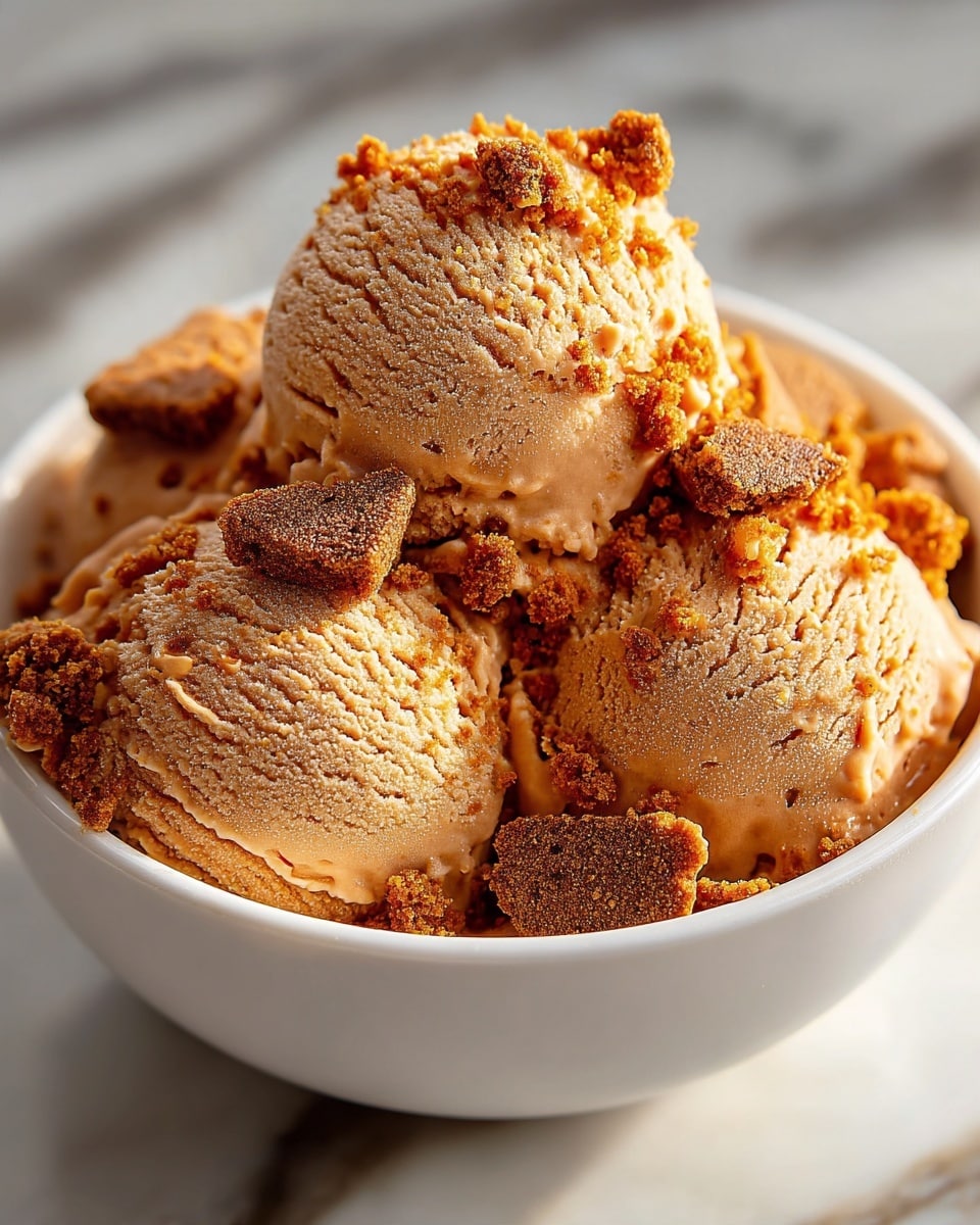 The image shows three scoops of light brown ice cream placed closely together in a white bowl, each scoop having a smooth yet slightly grainy texture. The ice cream is topped with uneven chunks of crumbly, darker brown cookie pieces scattered on and around the scoops, adding a mix of rough and crunchy texture. The bowl sits on a white marbled surface, and the warm, soft lighting highlights the creamy and crumbly details on the ice cream and cookie topping. photo taken with an iphone --ar 4:5 --v 7