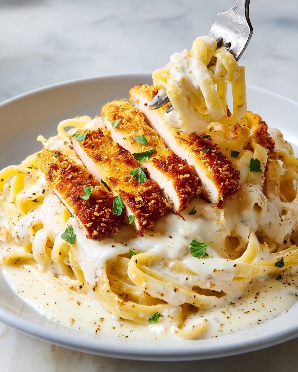 A white plate holds creamy fettuccine pasta with a thick, smooth white Alfredo sauce speckled with black pepper. On top, there are several slices of golden, crispy breaded chicken breast with a crunchy texture, garnished with small green parsley leaves. A fork lifts some pasta twirled in sauce alongside a piece of the crispy chicken, showing the contrast of creamy and crunchy textures. The background is a white marbled texture. Photo taken with an iphone --ar 4:5 --v 7