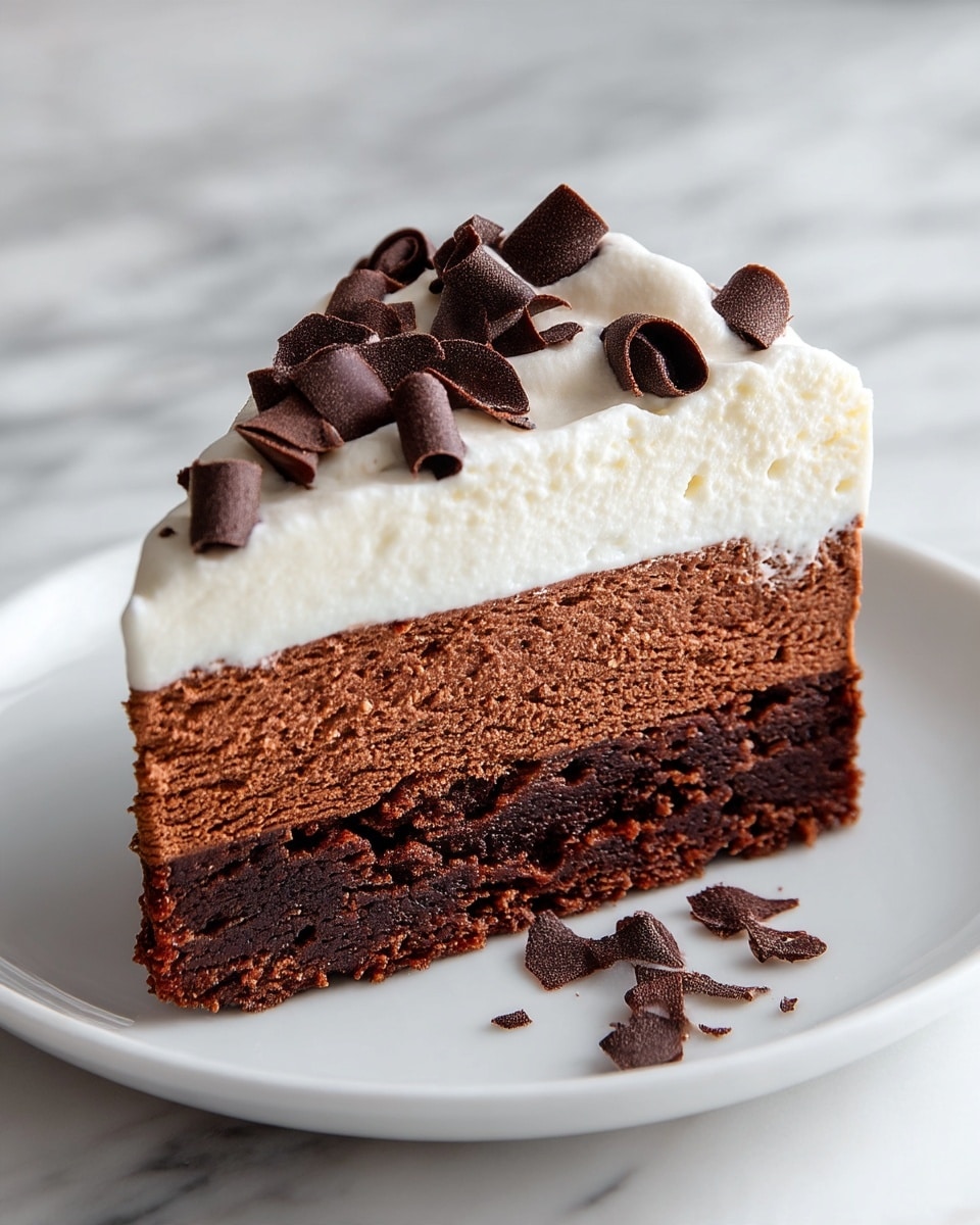 The image shows a thick slice of layered chocolate cake on a white plate, placed on a white marbled surface. The cake has three visible layers: the bottom layer is dark, dense, and fudgy chocolate, the middle layer is a lighter, airy chocolate sponge, and the top layer is a thick, smooth white cream with a soft, fluffy texture. On top of the white cream, there are several dark brown chocolate curls scattered around, adding texture and decoration. Crumbs and a couple of chocolate curls are scattered on the plate next to the cake. photo taken with an iphone --ar 4:5 --v 7