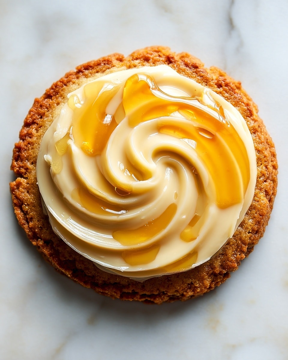 A single round cookie with a rough, golden-brown crust forms the base layer. On top, there is a generous spread of smooth, creamy beige frosting with soft, swirled texture. Drizzled over the frosting is shiny, golden honey that pools slightly around the edges of the cookie, adding a sticky, glossy look. The background is a white marbled texture. photo taken with an iphone --ar 4:5 --v 7