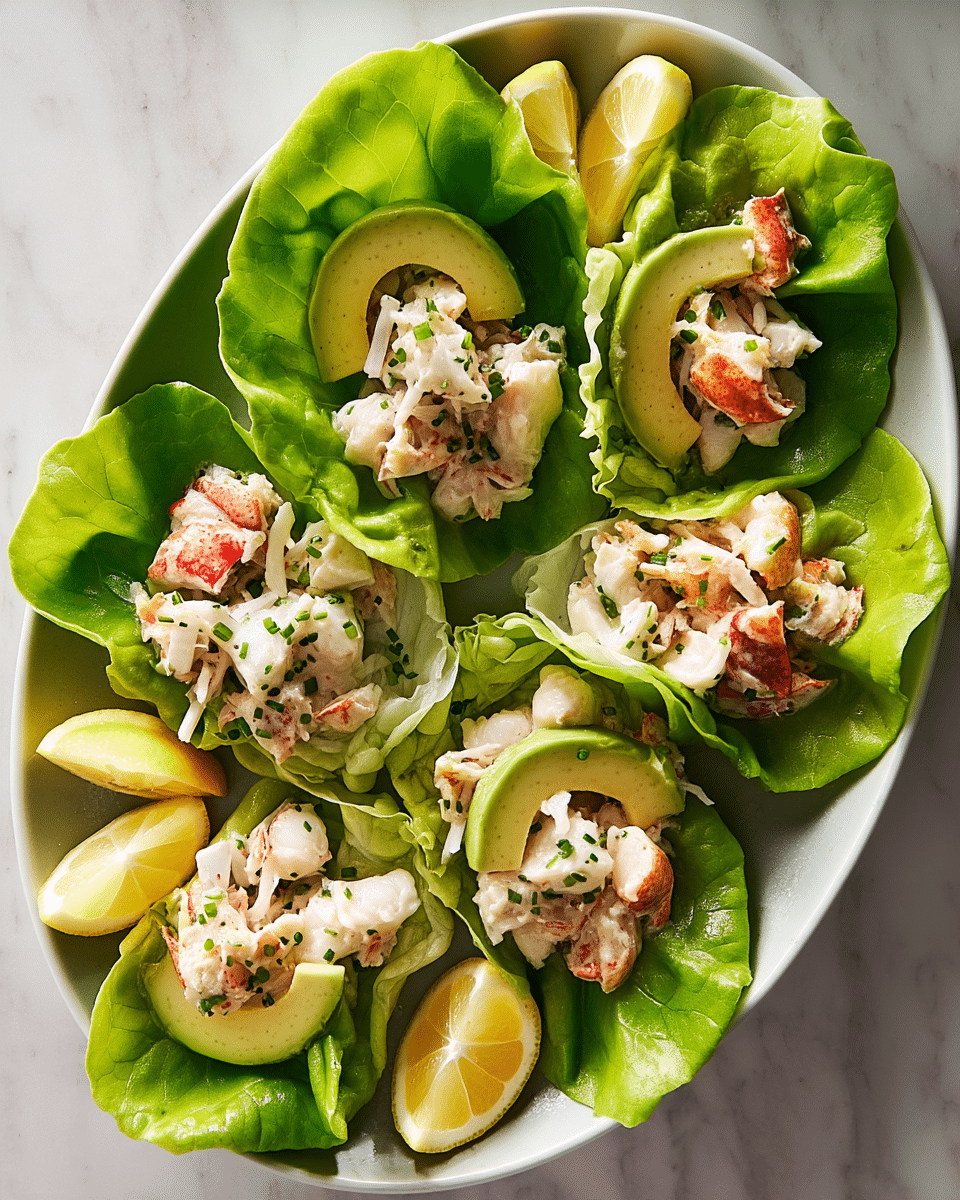 A white oval plate holds several lettuce leaf cups, each cup made of bright green, fresh butter lettuce forming a soft, round base. Inside each lettuce cup is a mixture of chunky white and pink lobster meat mixed with chopped chives. Each cup is topped with a curved slice of pale green avocado, slightly creamy in texture. Around the plate, yellow lemon wedges add a fresh pop of color, placed on the white marbled texture beneath the plate. The scene is well-lit and crisp, showcasing the layers and freshness of each element photo taken with an iphone --ar 4:5 --v 7