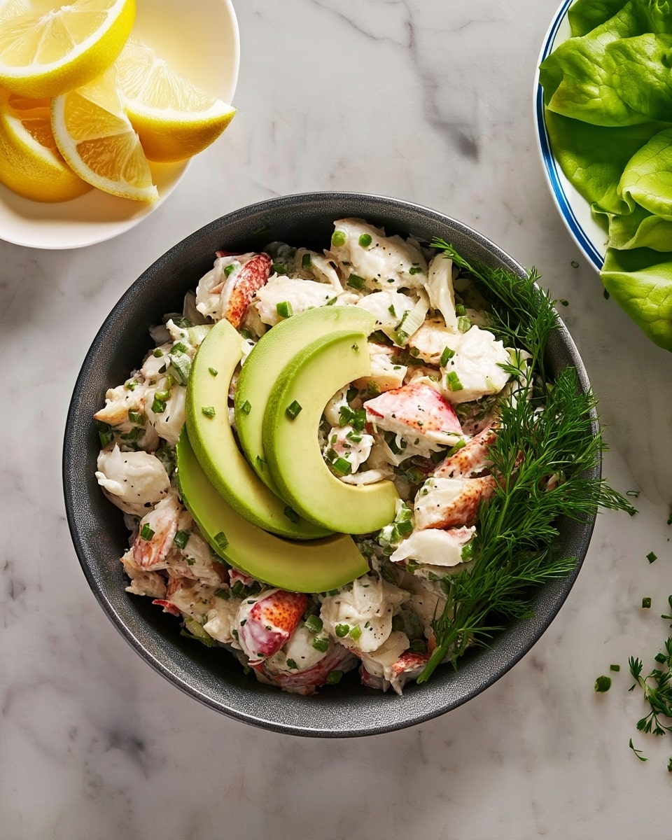 The image shows a bowl of lobster salad with creamy white lobster meat mixed with green herbs and small pieces of onion, topped with several thick slices of green avocado arranged on top and on the side. The bowl is dark gray and placed on a white marbled surface. To the top left, there is a small white plate with lemon wedges, and on the right side, part of a white bowl with green leafy lettuce is visible. Some chopped green herbs are scattered on the surface around the bowl. Photo taken with an iphone --ar 4:5 --v 7