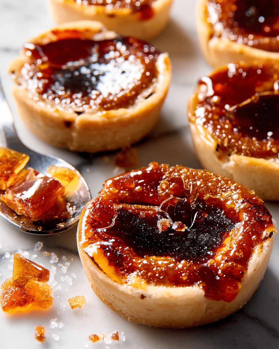 Several small round tarts are placed on a white marbled surface, each tart having a light beige crust base with a shiny, dark amber caramelized top layer that looks slightly cracked and glassy in some areas. The texture of the caramelized layer is smooth and glossy with hints of golden brown, showing some uneven caramelization with darker spots. Pieces of broken caramel shards are scattered around, with a spoon also holding some caramel pieces near the bottom left. The overall arrangement is close up, emphasizing the shiny, crispy top and the thin crust edge, photo taken with an iphone --ar 4:5 --v 7