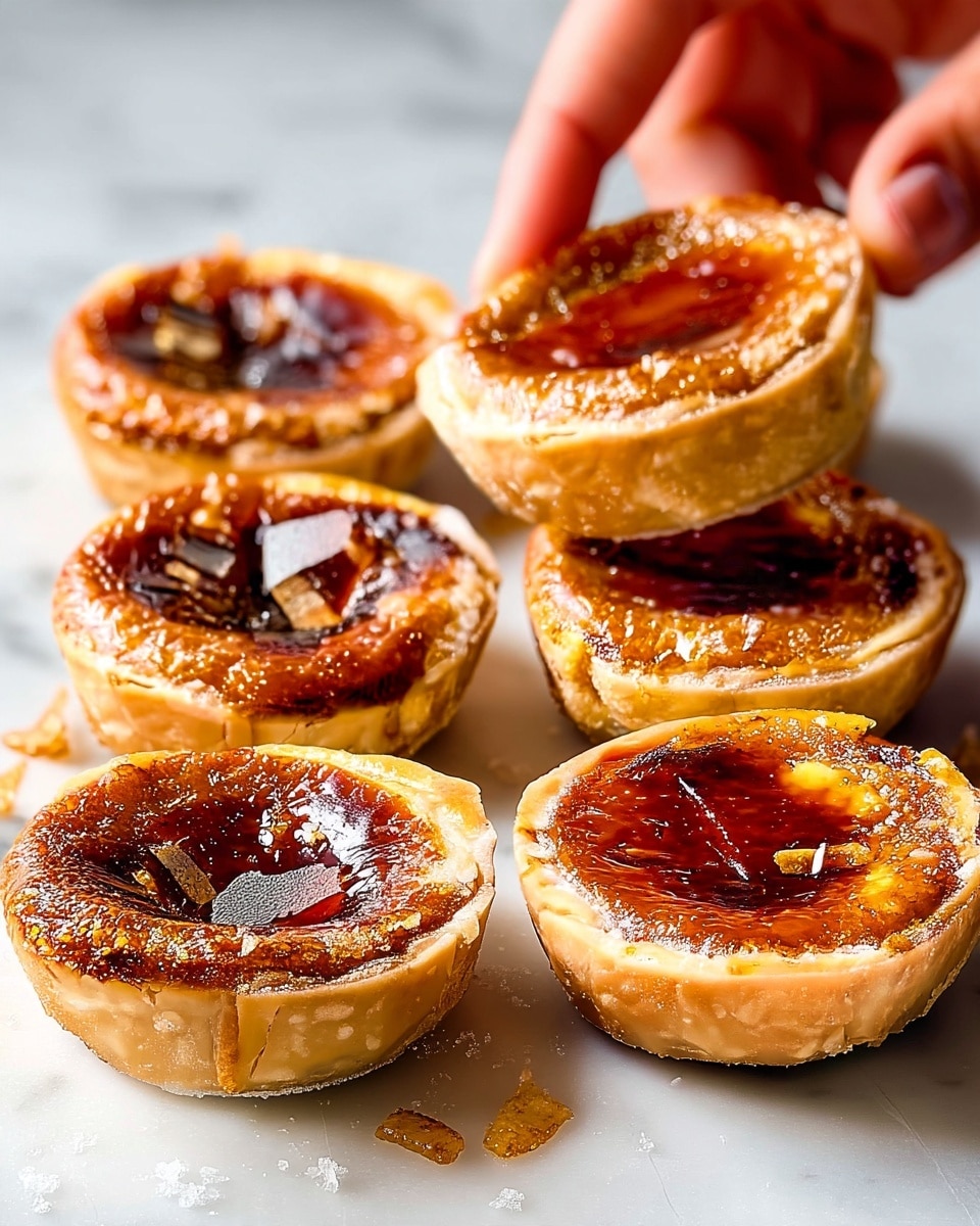 Six small custard tarts are arranged on a white marbled surface. Each tart has a light golden, flaky crust forming the base and sides. The filling is a caramelized, glossy brown custard with a slightly burnt sugar top, featuring darker spots and shiny, glass-like cracks on some. One tart is being lifted by a woman's hand, showing the crust's thickness and a smooth, slightly glossy top layer with a warm brown tone and uneven caramelized texture. There are small crumbs and a few sugar shards scattered on the surface around the tarts. photo taken with an iphone --ar 4:5 --v 7