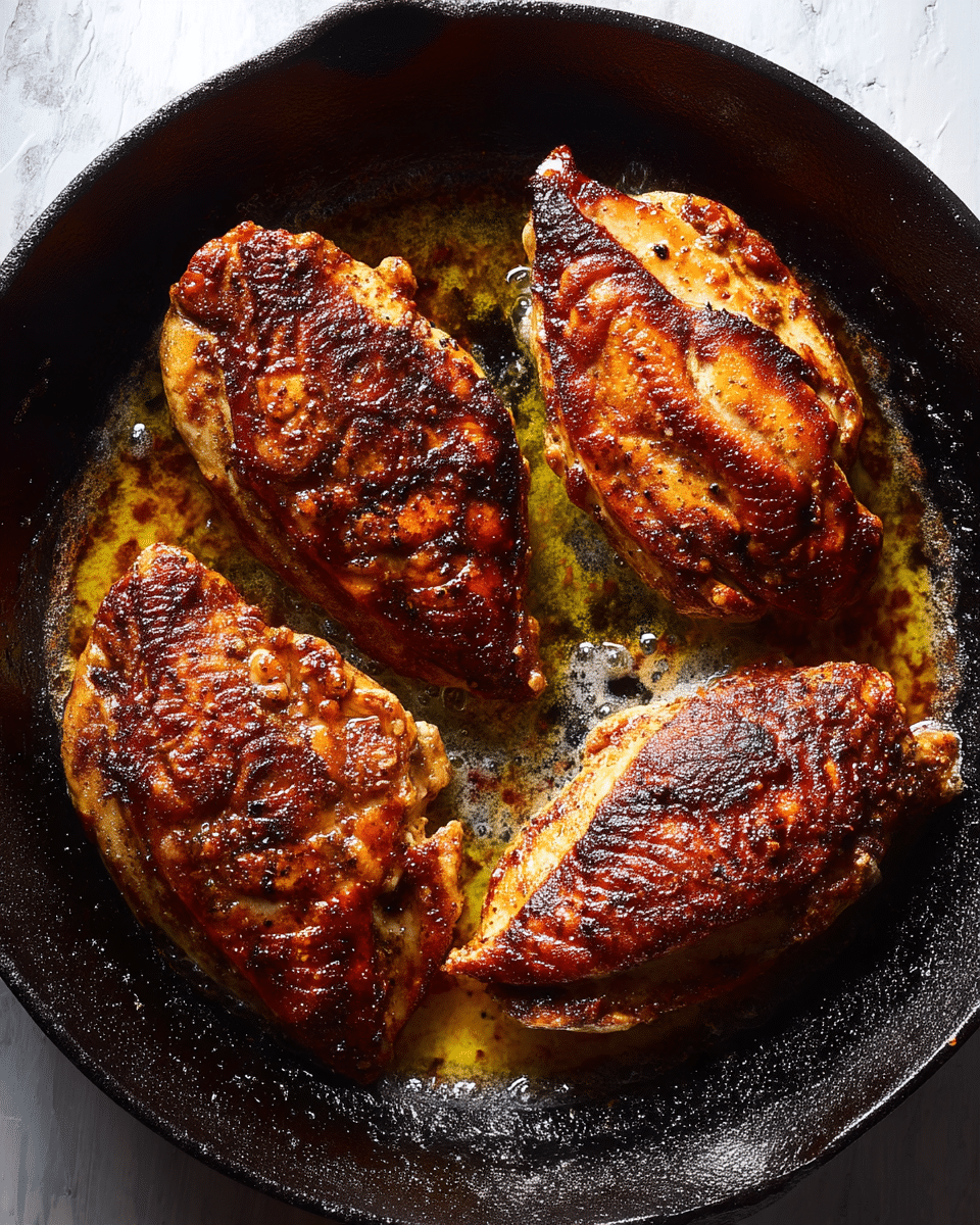 The image shows four thick chicken breasts cooking in a black cast iron pan. Each piece has a rich golden brown crust with dark browned spots, indicating a crispy sear. The chicken breasts sit in a shallow layer of bubbling, foamy butter that glistens around the edges. The texture of the chicken skin is slightly rough and crispy, while the thicker parts show a smoother, tender look. The sides and bottom of the pan are dark and seasoned, contrasting with the lighter, golden chicken pieces. The overall feeling is warm and savory, with the focus on the rich color and texture of the cooked chicken. photo taken with an iphone --ar 4:5 --v 7