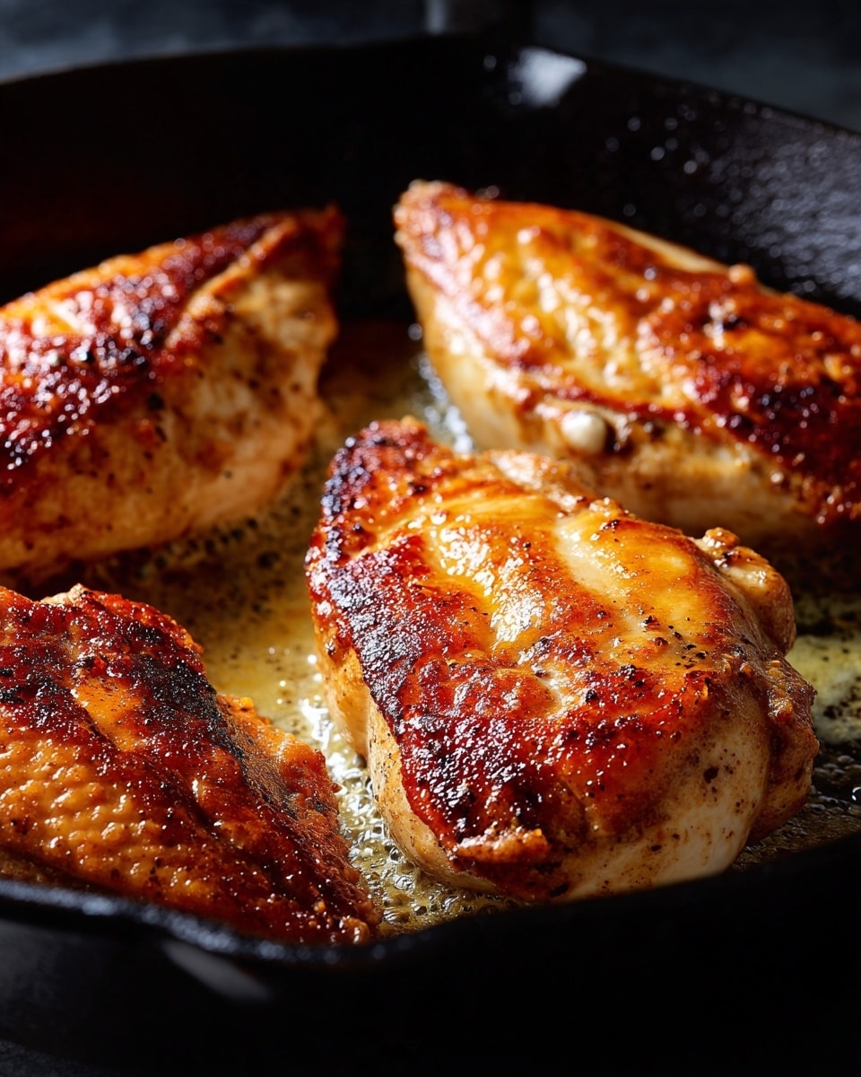 Four browned chicken breasts with crispy skin are frying in a black cast-iron pan. The chicken has a thick, uneven textured golden-brown crust with areas of darker and lighter browning on each piece. The pan's surface holds melted butter and small browned bits, showing bubbling and sizzling near the meat. The background is a white marbled texture visible at the edges around the pan. photo taken with an iphone --ar 4:5 --v 7