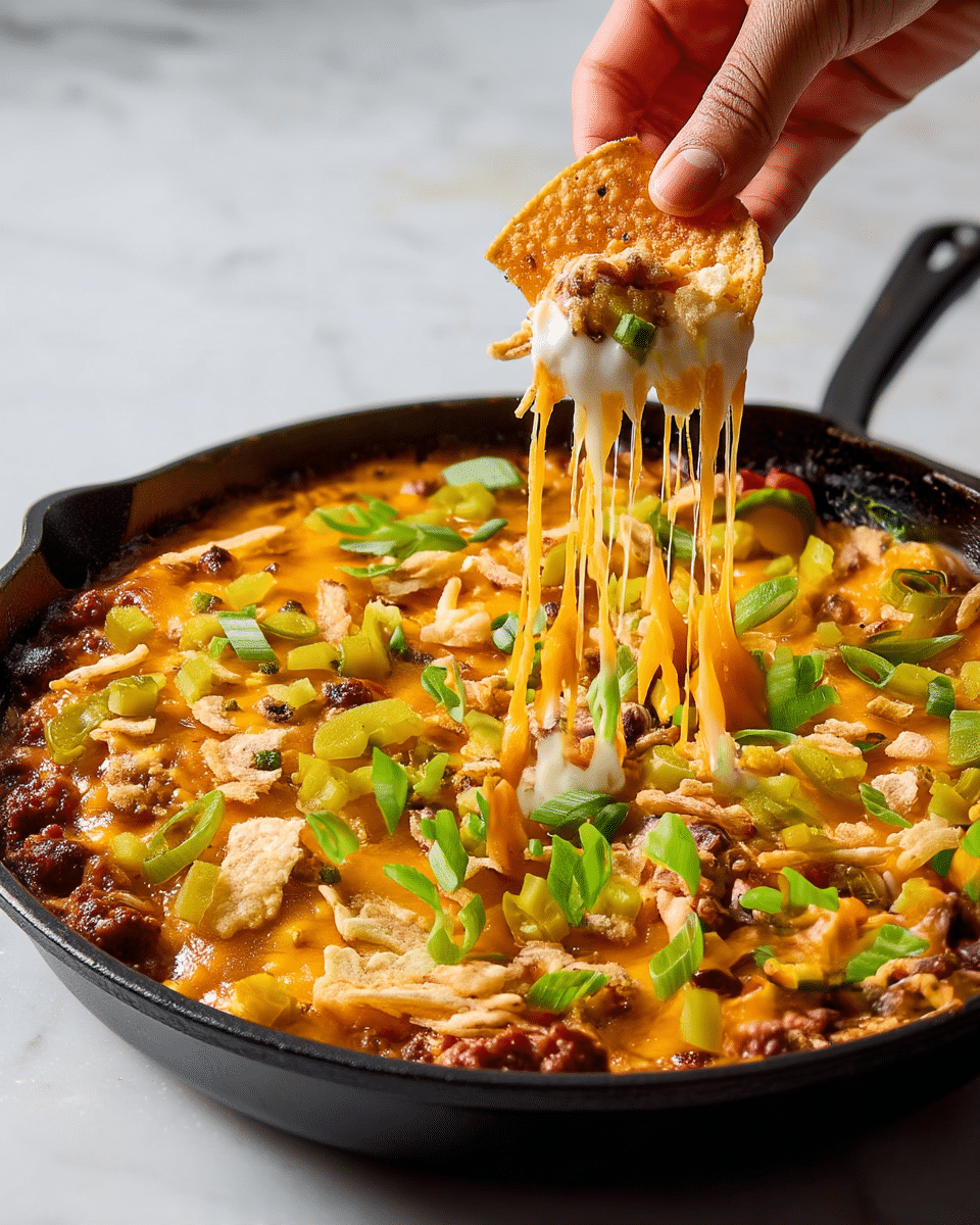 A black cast iron skillet filled with a layered dip, starting with a thick base of mixed beans and cooked ground beef with small bits of red peppers, topped with a bright melted cheddar cheese layer covering most of the surface, then scattered yellow-green pickled jalapeños and chopped green onion slices, and crunchy light golden fried onion pieces added last, with some tortilla chips peeking from the bottom left corner on a white marbled surface. photo taken with an iphone --ar 4:5 --v 7