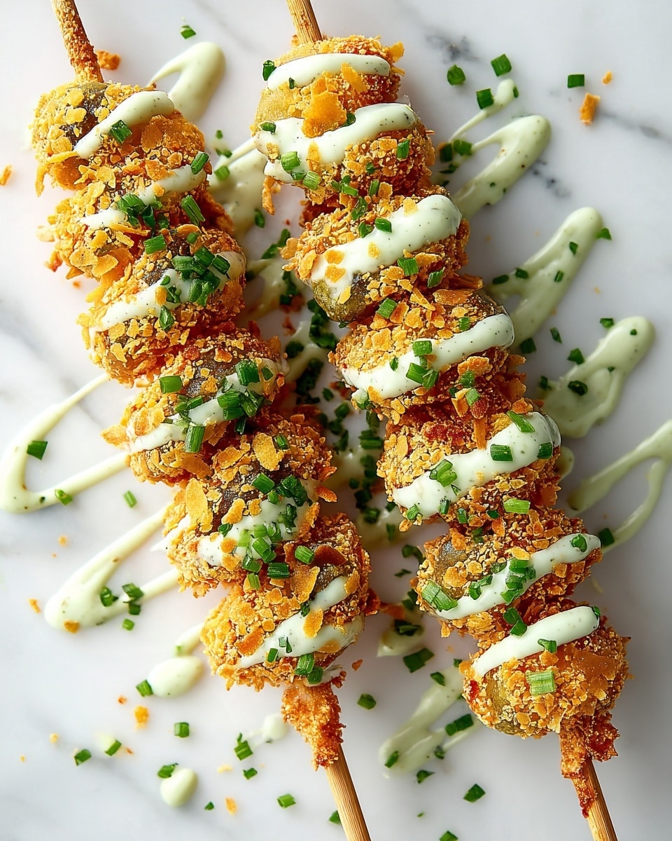 Two skewers of golden-brown fried shrimp coated in a crunchy textured breading are placed close together on a white marbled surface. Each skewer is made up of multiple round shrimp pieces, each with a rough and crispy outer layer in light brown and yellow tones. On top, there are smooth, creamy white and light green sauces artistically drizzled across the shrimp. Small bright green chopped herbs are sprinkled generously on the shrimp and around the skewers. The white marbled background adds a clean and bright contrast to the warm colors of the food. photo taken with an iphone --ar 4:5 --v 7