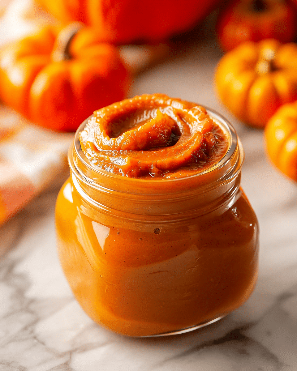 A close-up image of a clear glass jar filled with smooth, thick, orange pumpkin puree, swirled with a soft peak on top showing a slightly darker orange tone in the center. The jar is placed on a white marbled surface with blurred small pumpkins and a yellow object in the background, adding to an autumn feel. The texture of the puree looks creamy and dense with fine, even consistency throughout. photo taken with an iphone --ar 4:5 --v 7
