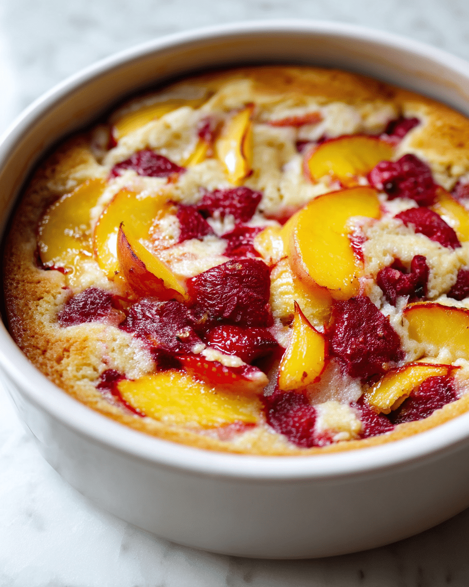 A close-up view of a baked dessert in a white round bowl, showing a textured golden brown top layer mixed with slices of yellow peaches and patches of red fruit, likely strawberries or raspberries, that are embedded within the soft cake-like surface. The fruit pieces create a colorful pattern across the top, contrasting the warm, slightly rough cake layer with juicy, vibrant fruit. The edges of the bowl gently curve around the dessert, and the background features a soft white marbled texture. photo taken with an iphone --ar 4:5 --v 7