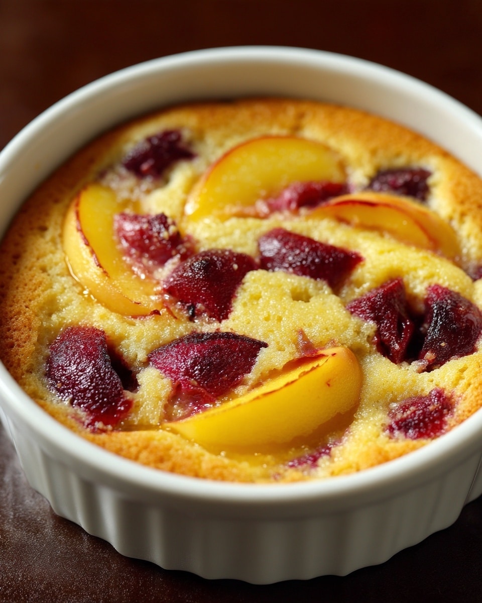 A round white ceramic dish filled with a baked dessert that has a golden-brown, soft cake layer covering most of the surface. Embedded within the top layer are slices of yellow peaches with smooth skin, along with chunks of dark red or purple fruit which look juicy and slightly caramelized. The fruit pieces are spread evenly throughout the cake, creating a mix of warm and inviting colors and textures. The surface looks moist with a slight shine, suggesting a sweet glaze or syrup. photo taken with an iphone --ar 4:5 --v 7