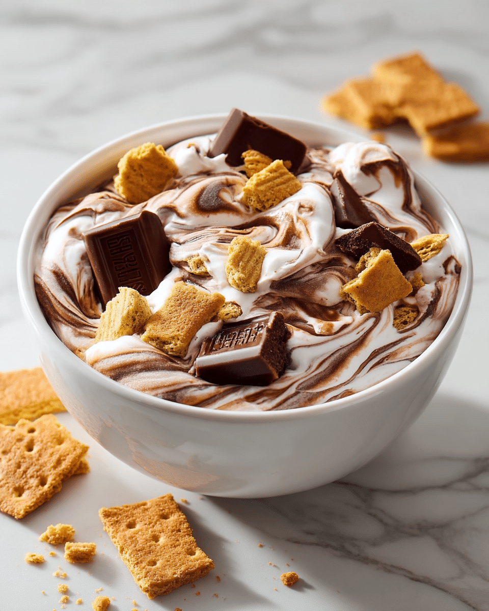 A close-up view of a white ceramic bowl filled with swirled chocolate and vanilla soft serve ice cream, showing creamy, smooth texture with brown and white marbled layers. On top, there are several large Hershey's milk chocolate pieces with clear logos, a small white marshmallow, and a large rectangular golden-brown graham cracker standing upright inside the bowl. Small broken pieces of graham crackers are scattered throughout the ice cream. The bowl sits on a white marbled surface with a few white marshmallows nearby. Another similar bowl filled with the same dessert is partly visible behind the first one. photo taken with an iphone --ar 4:5 --v 7