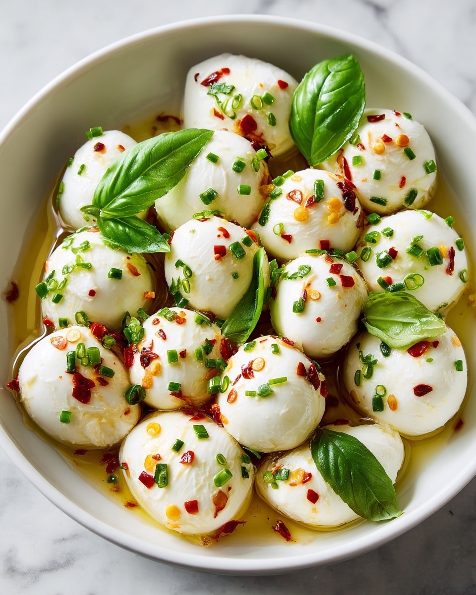 The image shows a close-up of many small white mozzarella balls arranged closely together in a white bowl. The mozzarella has a smooth and shiny texture. It is sprinkled with finely chopped green chives and small pieces of red chili flakes scattered evenly across the cheese. Bright green basil leaves are placed on top and around the mozzarella balls, adding a fresh look. A light golden olive oil glaze covers the bottom of the bowl, giving a glossy shine to the mozzarella and herbs. The bowl is placed on a white marbled surface. photo taken with an iphone --ar 4:5 --v 7