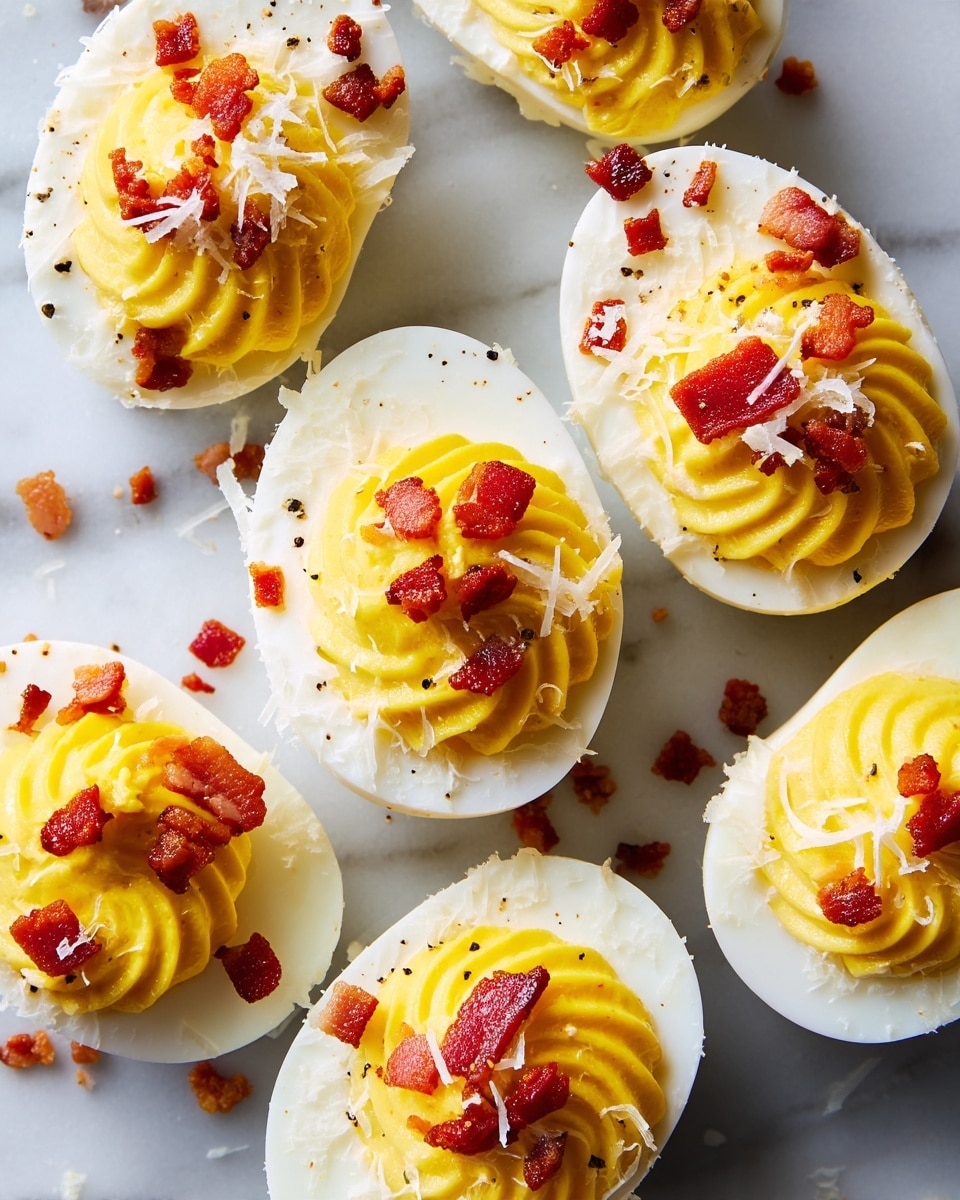 The image shows many deviled eggs arranged closely on a white marbled surface. Each egg is halved with two clear layers: a smooth white egg white base and a piped creamy yellow filling on top with a swirled texture. The filling is garnished with small red-brown bits of crispy bacon and sprinkled with fine white grated cheese and small black pepper flakes. Some bacon bits and cheese shreds are also scattered around the eggs on the surface. The lighting highlights the smoothness of the egg whites and the texture of the filling and toppings, making the dish look fresh and appetizing. photo taken with an iphone --ar 4:5 --v 7
