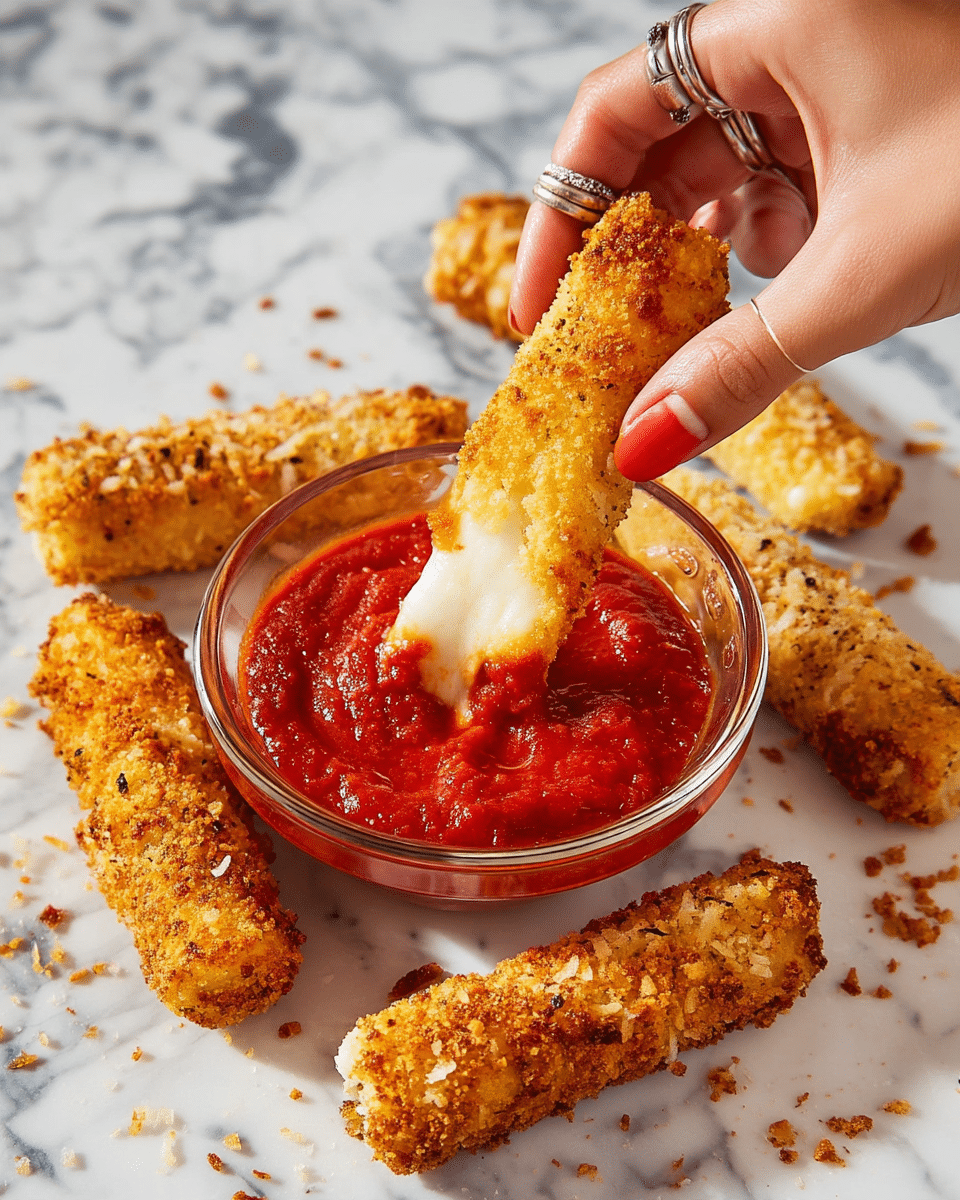 The image shows several golden brown crispy mozzarella sticks with a rough, crunchy texture placed around a clear glass bowl filled with thick, red marinara sauce on a white marbled surface. One mozzarella stick is being pulled apart by a woman's hands with red nail polish and silver rings, revealing soft, melted white cheese inside. The mozzarella sticks are arranged casually with small crumbs scattered around. Photo taken with an iphone --ar 4:5 --v 7
